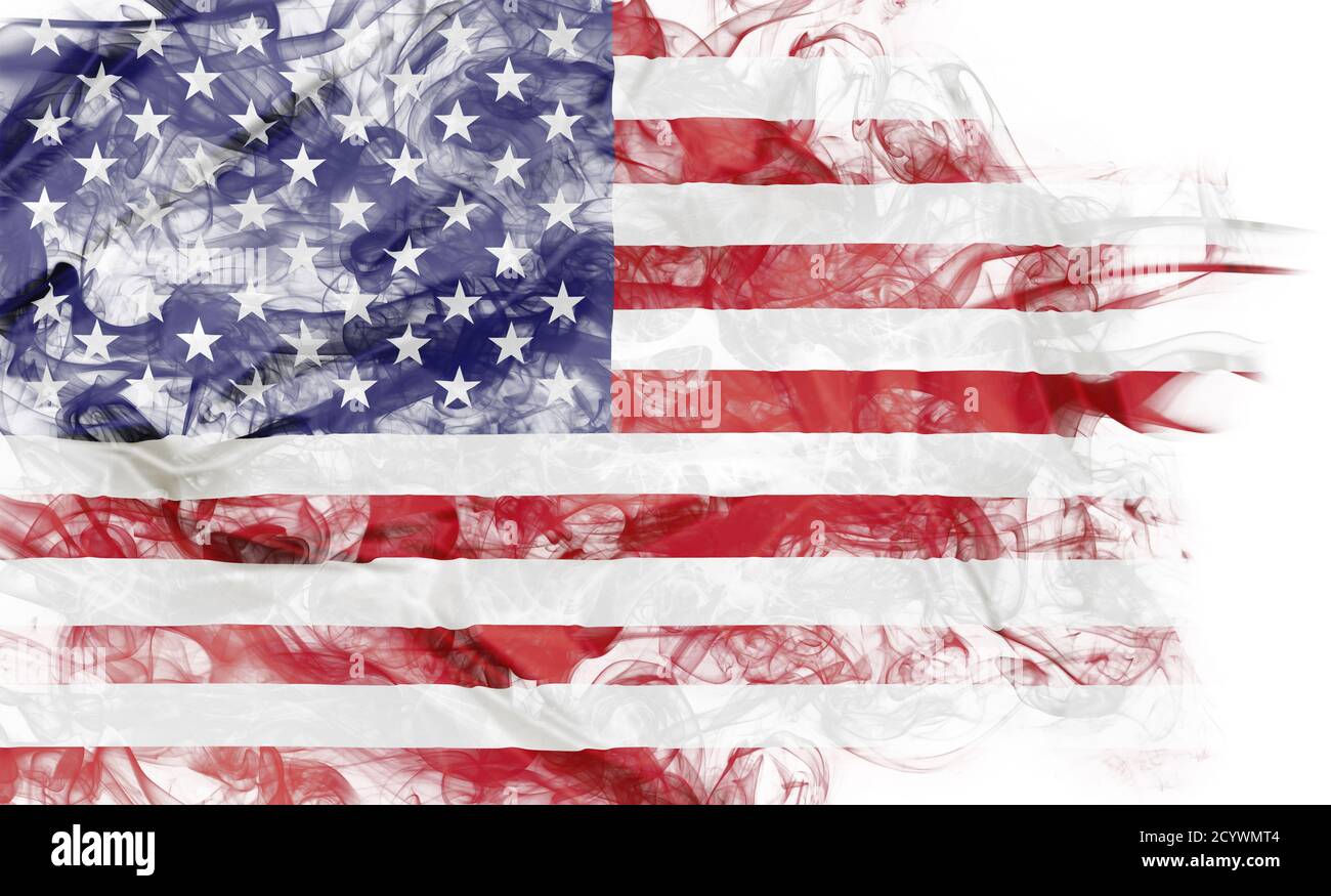 Smoke shape of national flag of United States of America isolated on white background. Stock Photo