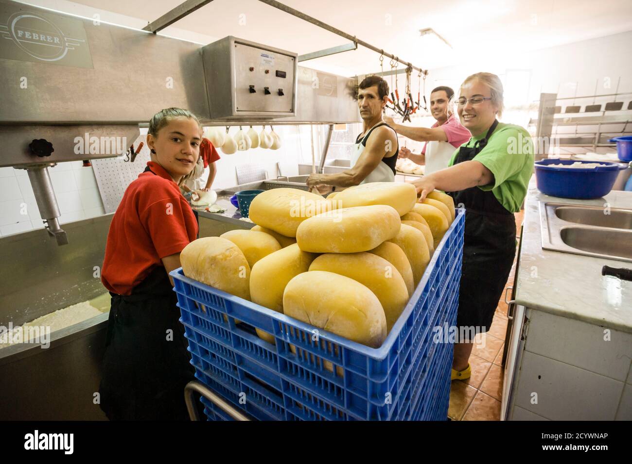 fabricacion artesanall de queso Binibeca de Jaume Pons - denominacion de origen Mahon artesano-  finca Alcaiduset, Alaior, Menorca, Islas Baleares, es Stock Photo