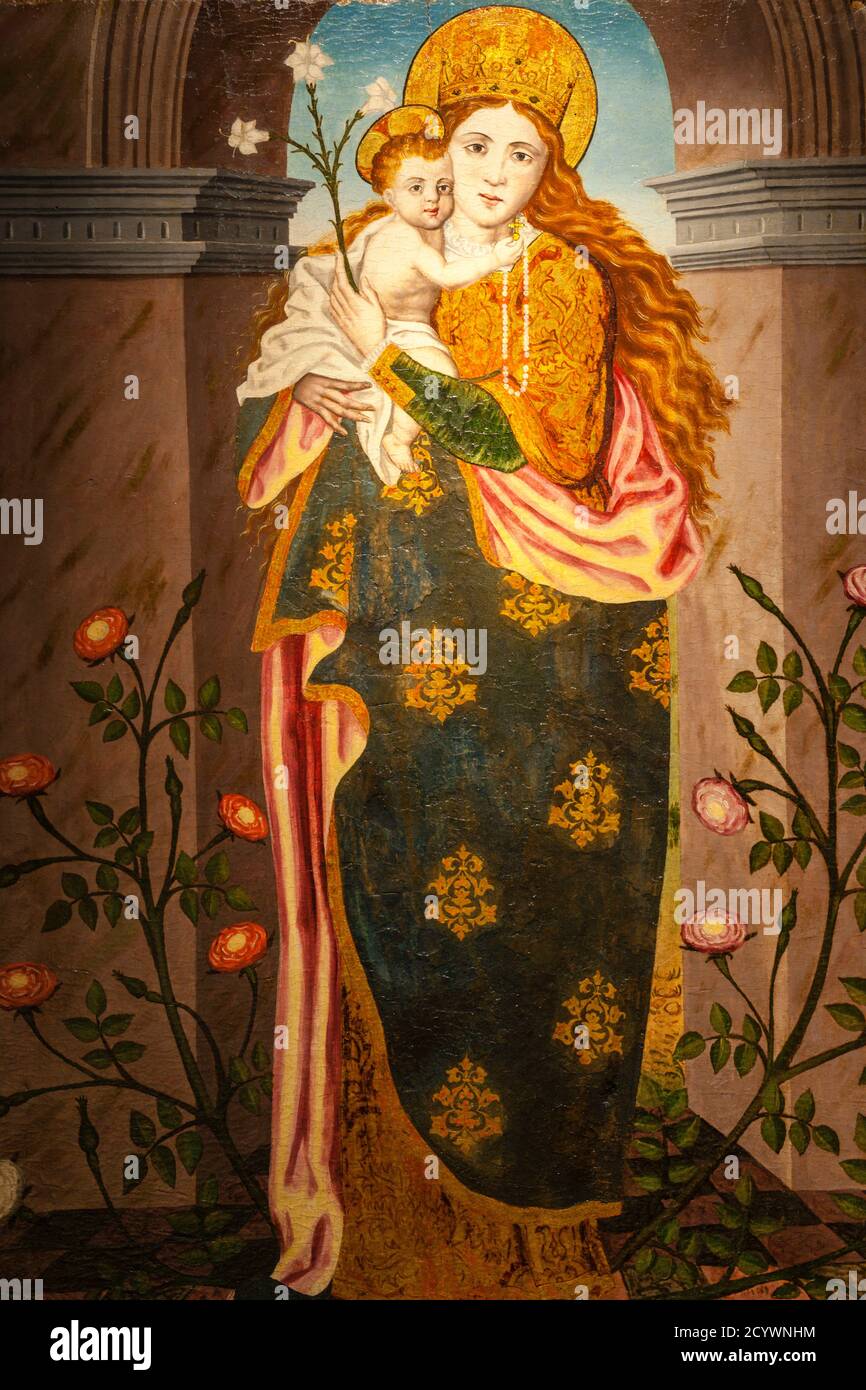 Virgen del Rosario, siglos XVI-XVII, taller de los Oms, óleo sobre madera, Palau Episcopal, -Museu Diocesà de Mallorca-, mallorca, islas baleares, esp Stock Photo