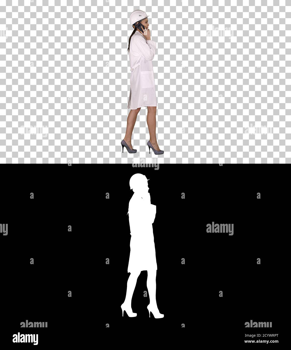 Female science engineer making a call while walking, Alpha Chann Stock Photo