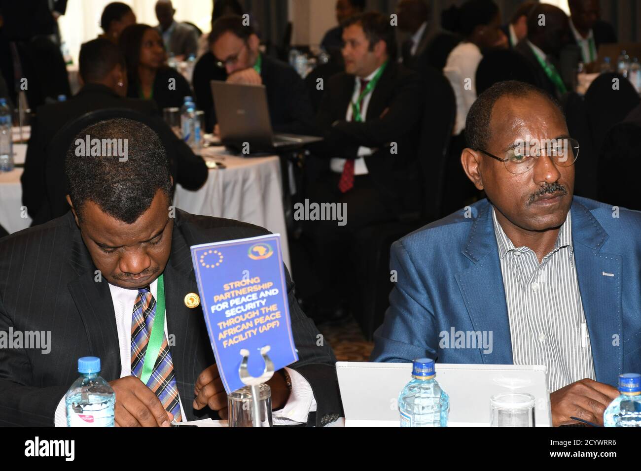 Officials of the African Union Mission in Somalia (AMISOM) and representatives of international partners attend the opening of a two-day AMISOM Budget meeting in Nairobi, Kenya on 04 April 2019. The meeting reviewed the AMISOM budget for 2018 and discussed the mission's budgetary requirements for the coming year, 2020. Stock Photo