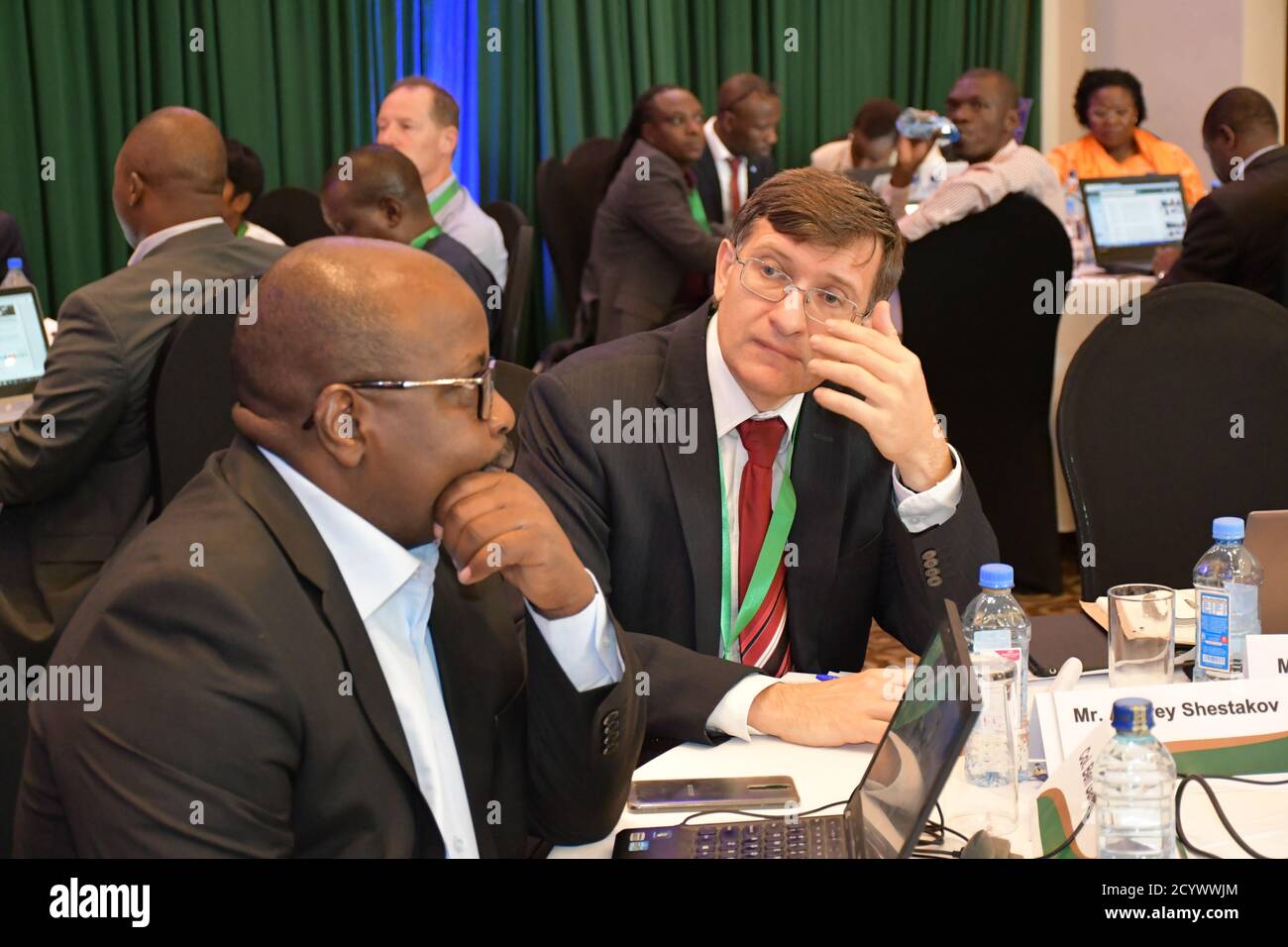 Officials of the African Union Mission in Somalia (AMISOM) and representatives of international partners attend the opening of a two-day AMISOM Budget meeting in Nairobi, Kenya on 04 April 2019. The meeting reviewed the AMISOM budget for 2018 and discussed the mission's budgetary requirements for the coming year, 2020. Stock Photo