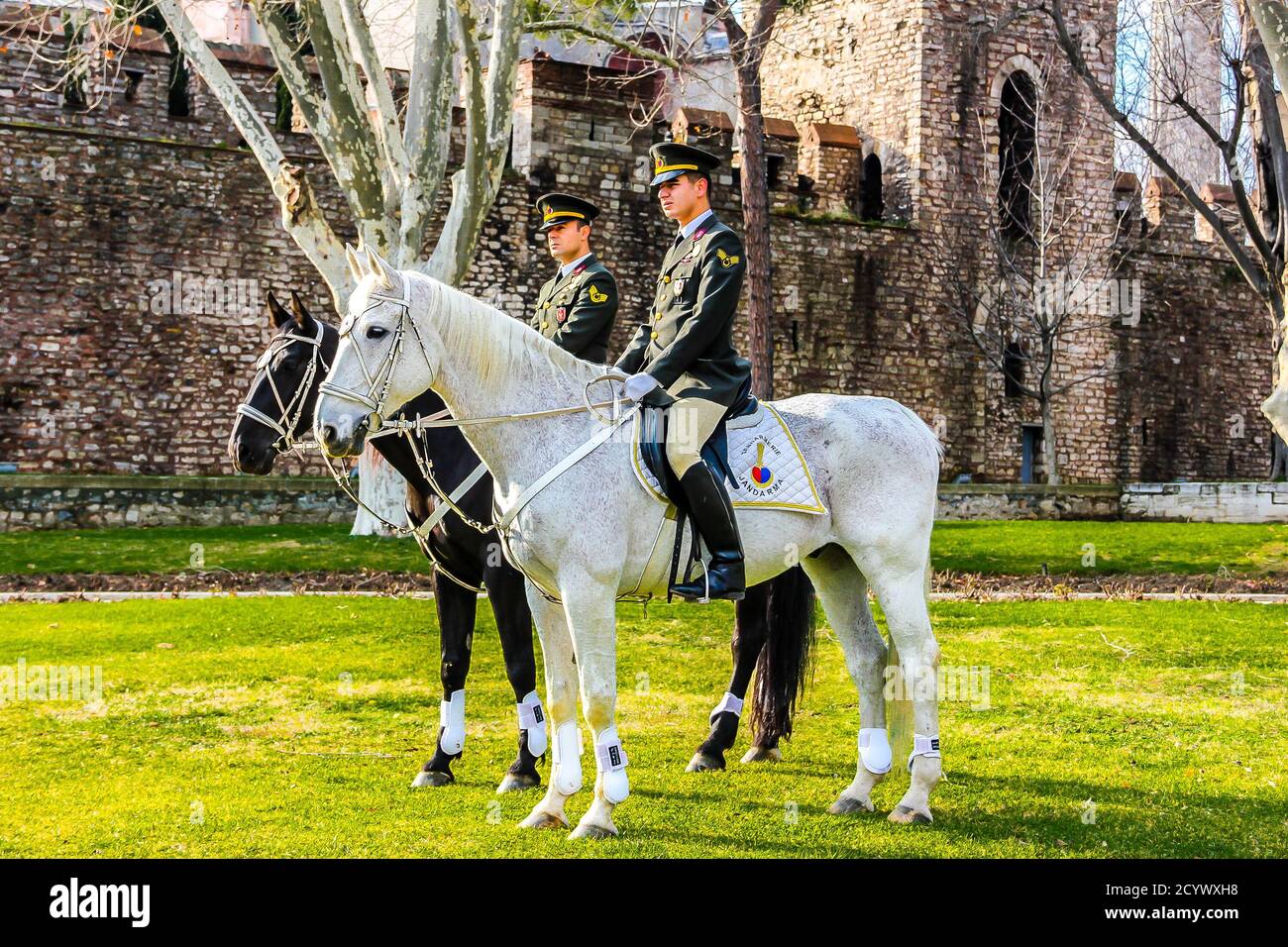 Mounted police in the park of Topkapi Palace. Istanbul, Turkey Stock Photo
