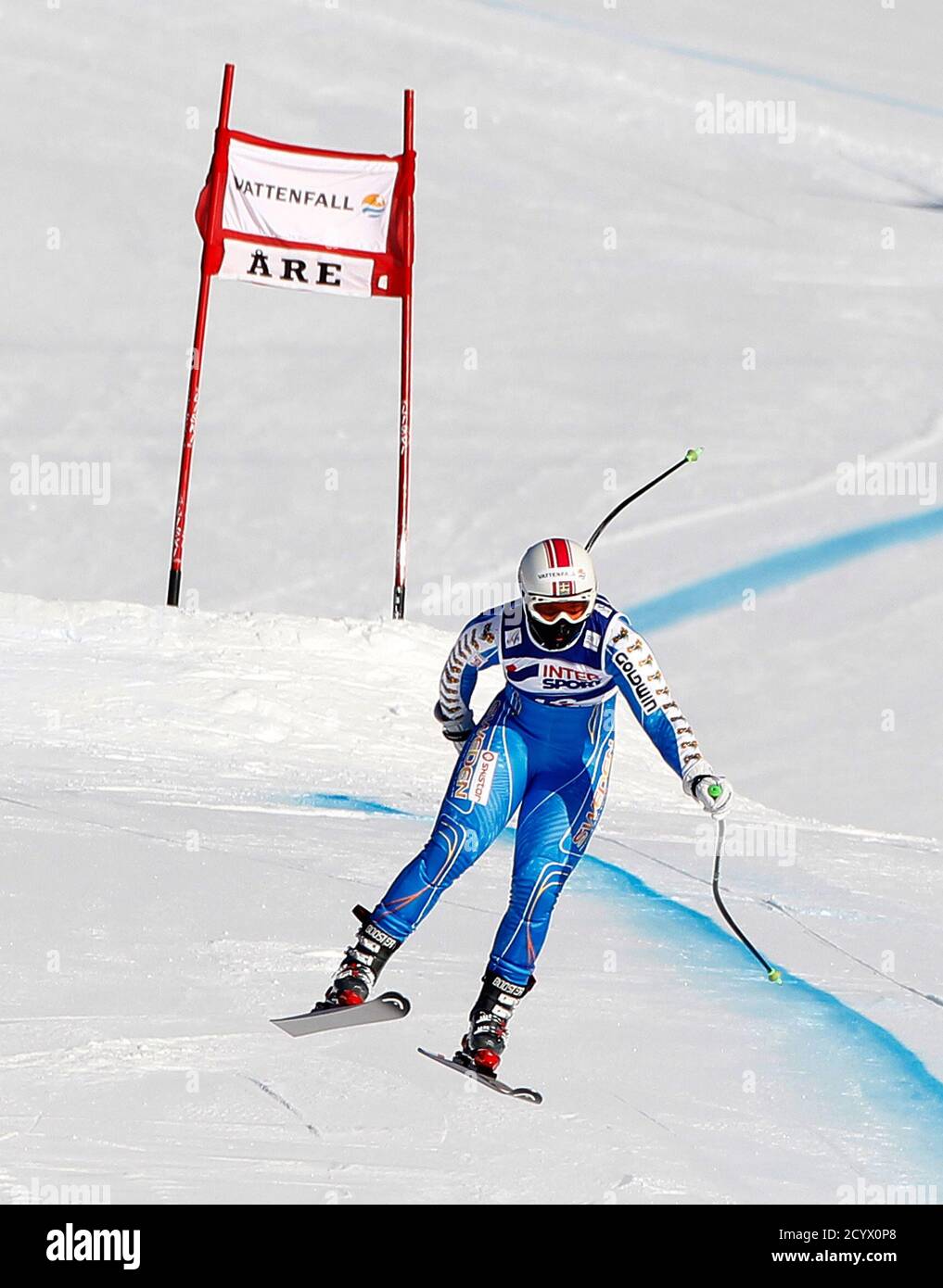 Sweden's Anja Paerson flies over a jump during a practice run for the