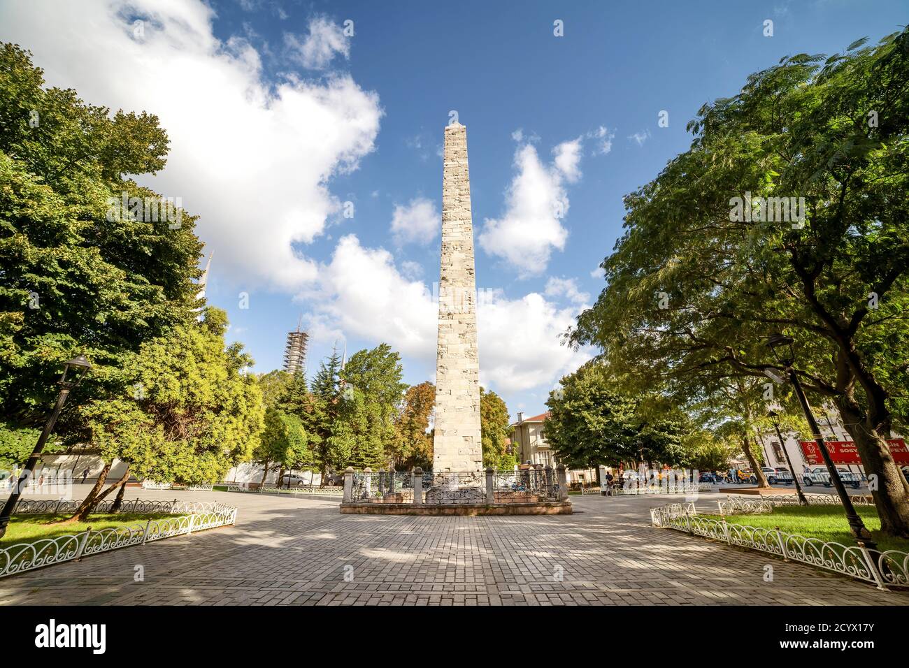 Wide angle view of The Walled Obelisk (Masonry Obelisk), a Roman monument in the form of an obelisk at Sultanahmet Square, Istanbul. Stock Photo