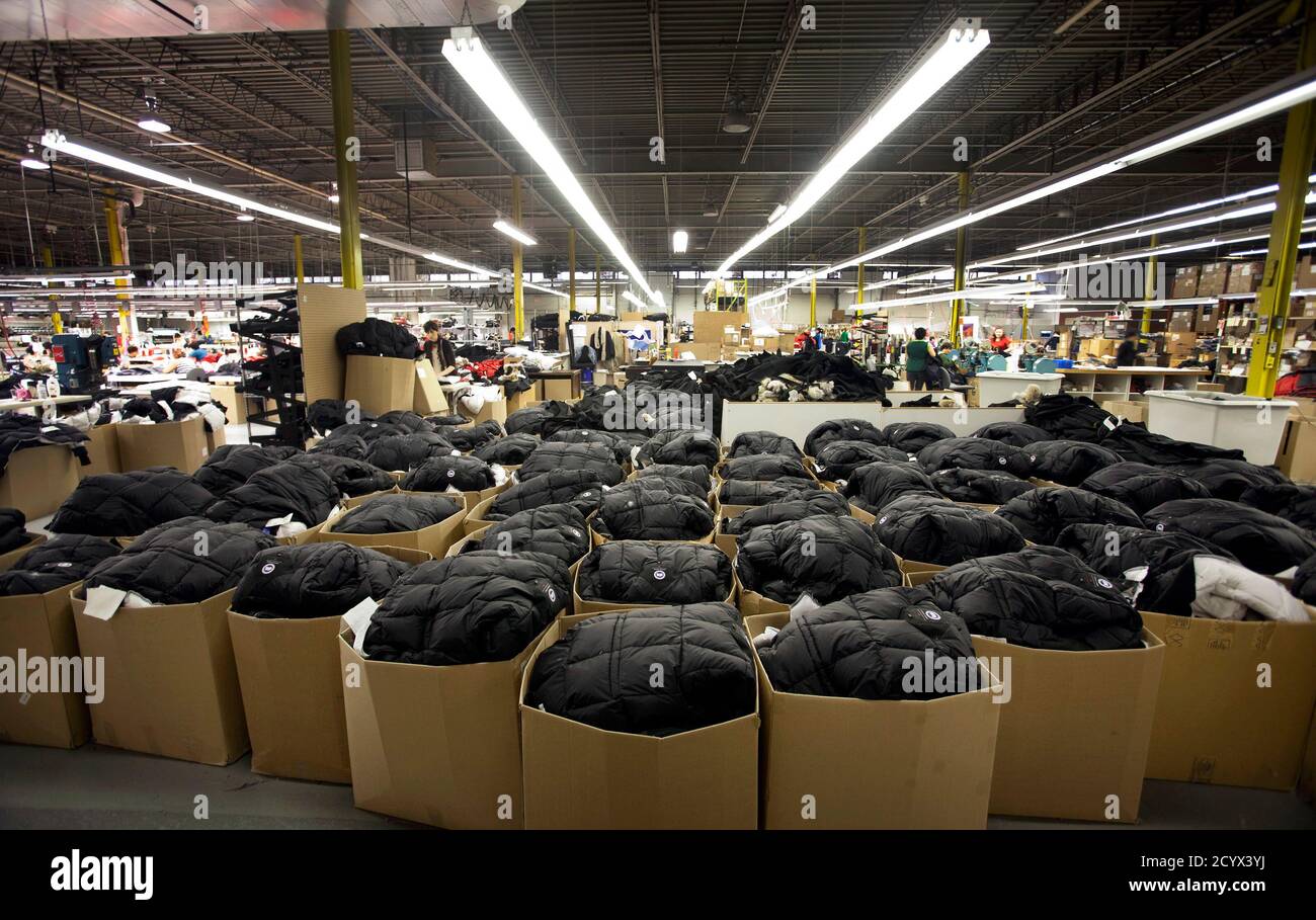 Outerwear ready for shipping is seen packed in boxes on the manufacturing  floor of Canada Goose's facility in Toronto January 17, 2012. Coat maker Canada  Goose found its niche by shunning the