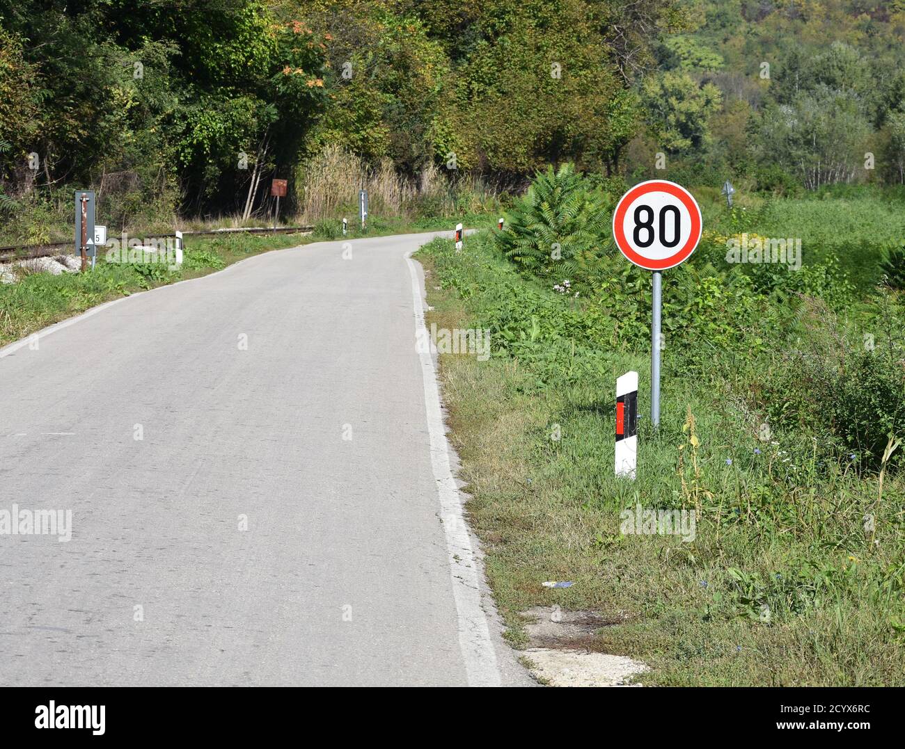 Road sign that warns drivers that maximum speed is 80 kilometers per