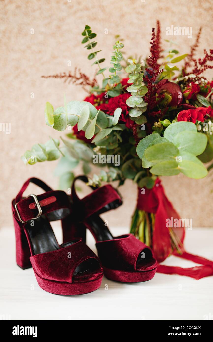 Burgundy suede platform sandals and high heels with a red bridal ...
