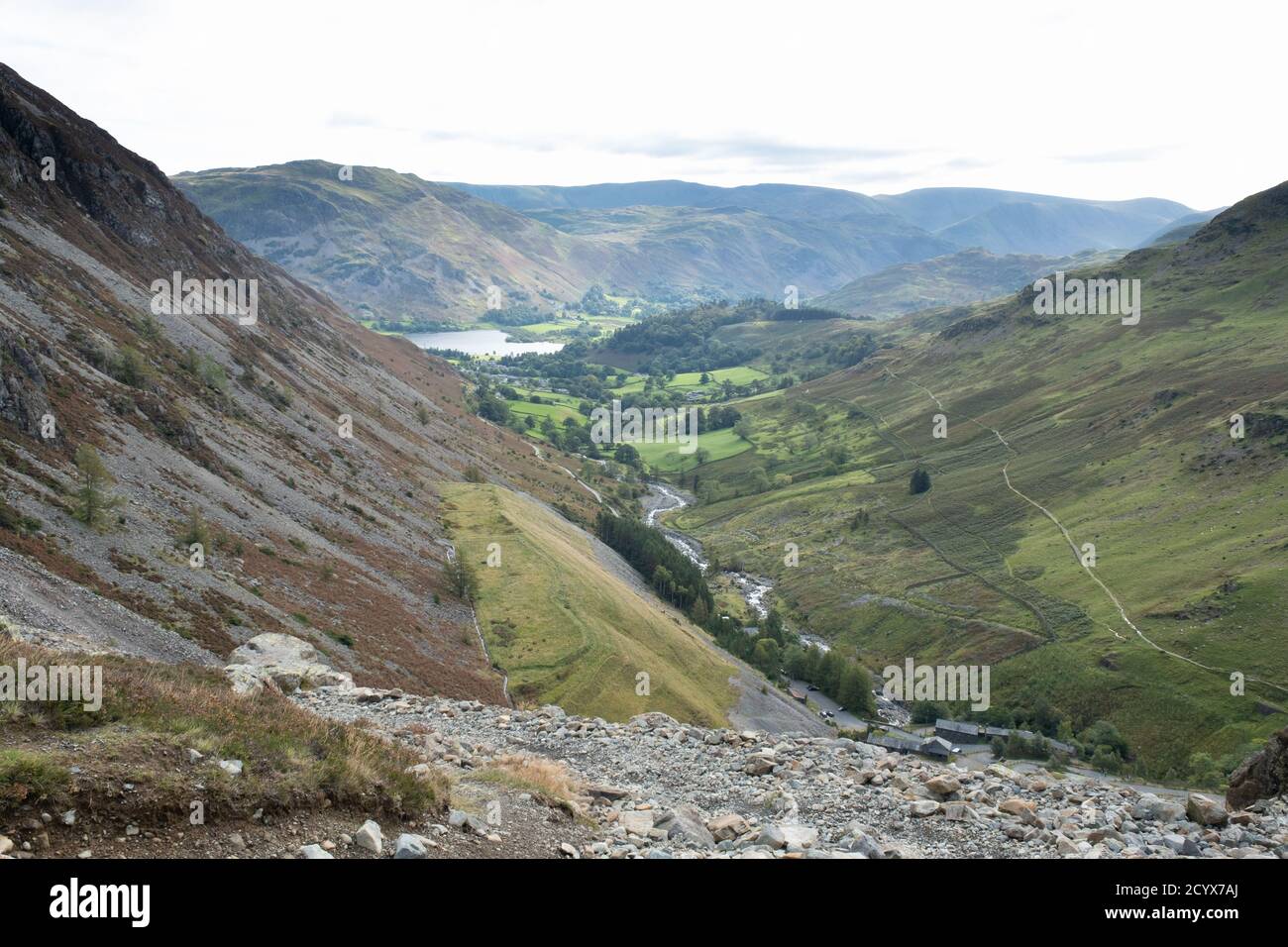 Glenridding Beck and Ullswater from Stang End above the disused mine workings on Greenside Road track near Glenridding in the Lake District, UK Stock Photo