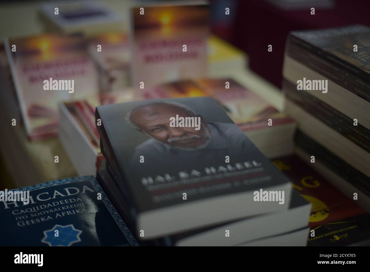 Books by prominent Somali authors sit on a table at a booth in the