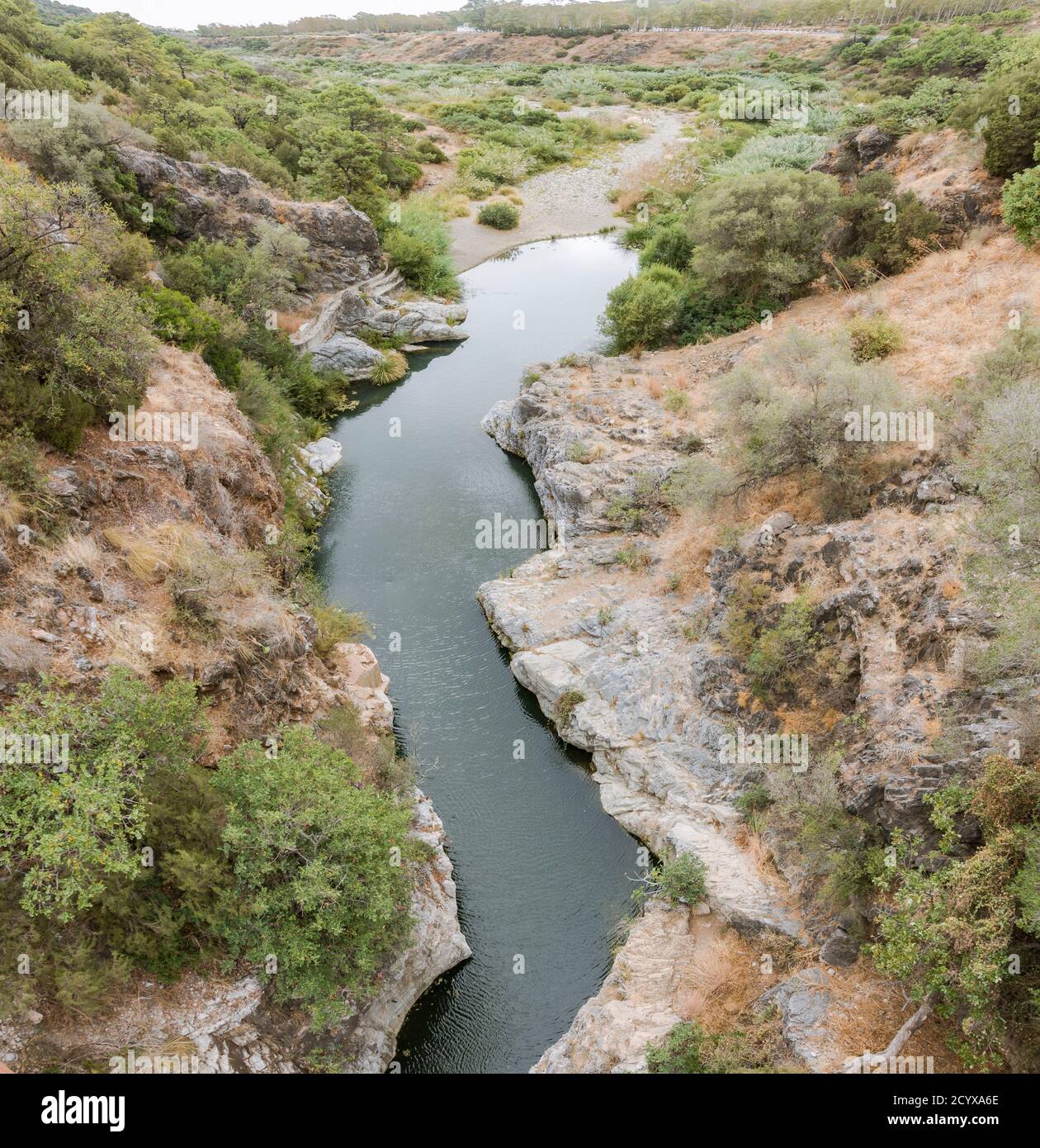 Guadalmina river at making its way through rock area, The watercourse trail (Acequia) near, Benahavis, Andalucia, Spain. Stock Photo