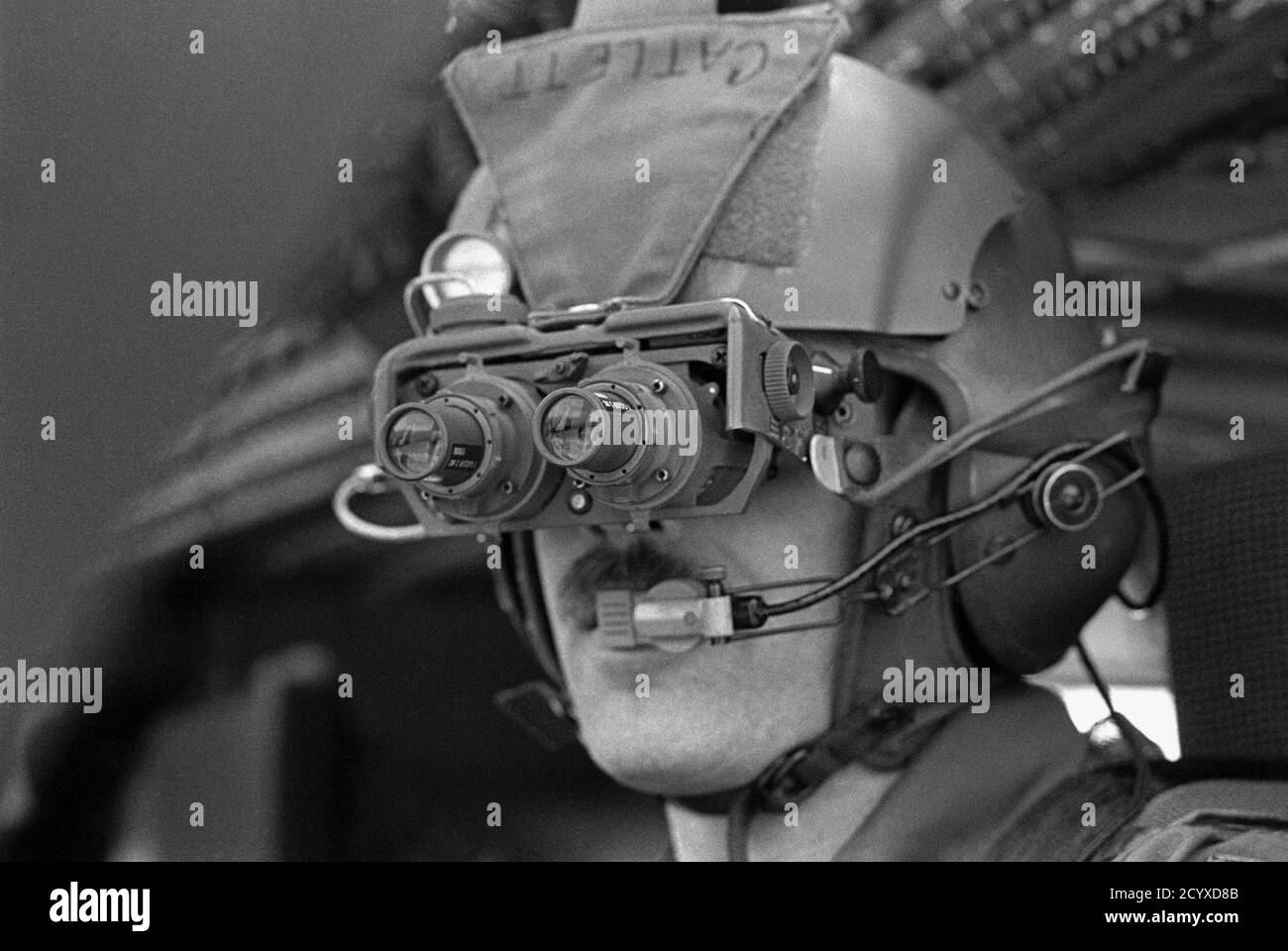 NATO exercises in Germany, US Army helicopter pilot with night viewers  (January 1985) Stock Photo