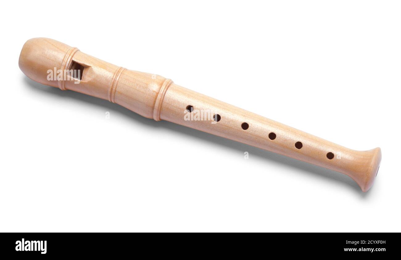 Wood Recorder Musical Instrument Top View Isolated on White. Stock Photo