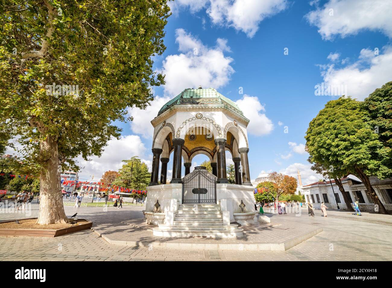 Wide angle view of German Fountain, a gazebo styled fountain in the northern end of old hippodrome (Sultanahmet Square), Istanbul, Turkey. Stock Photo