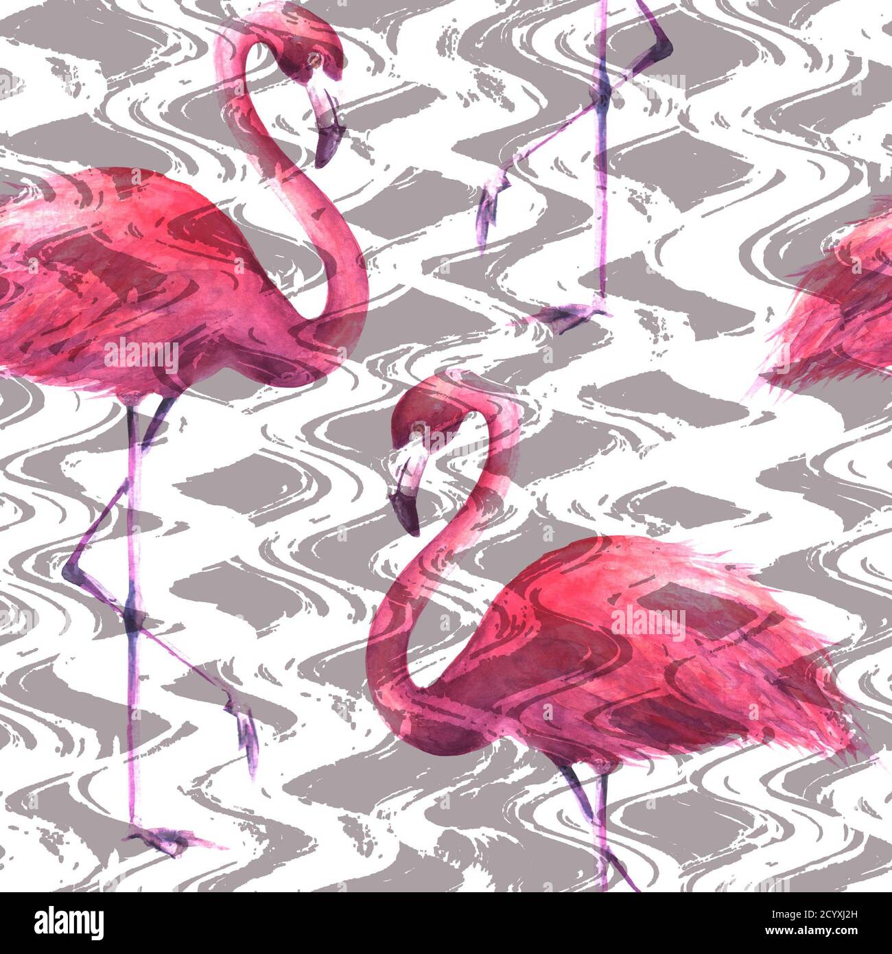 Tropical exotic pink flamingos on vertical wavy striped gray and white ...