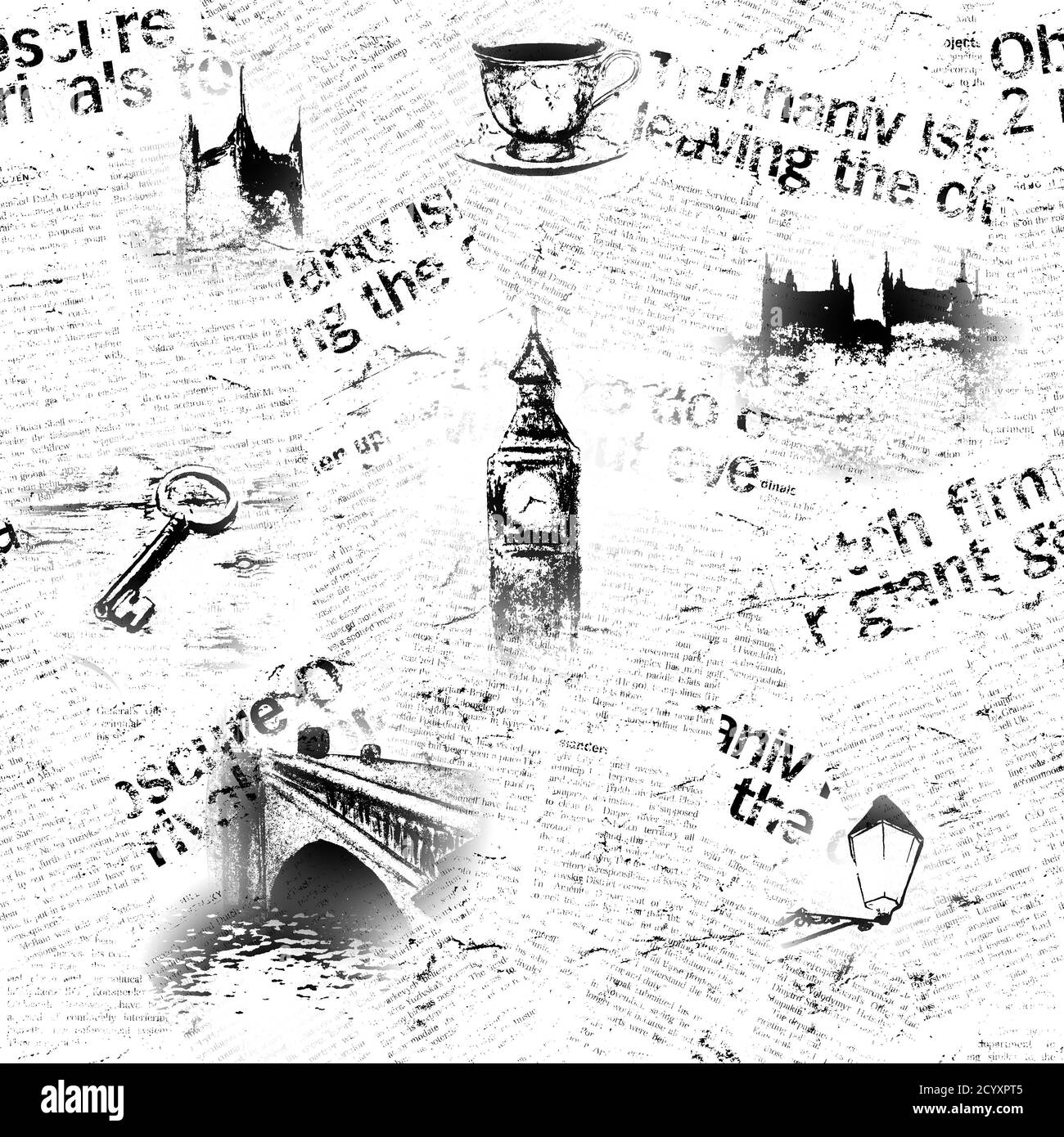 Black and white old paper vintage London grunge background. Seamless texture with hand drawn