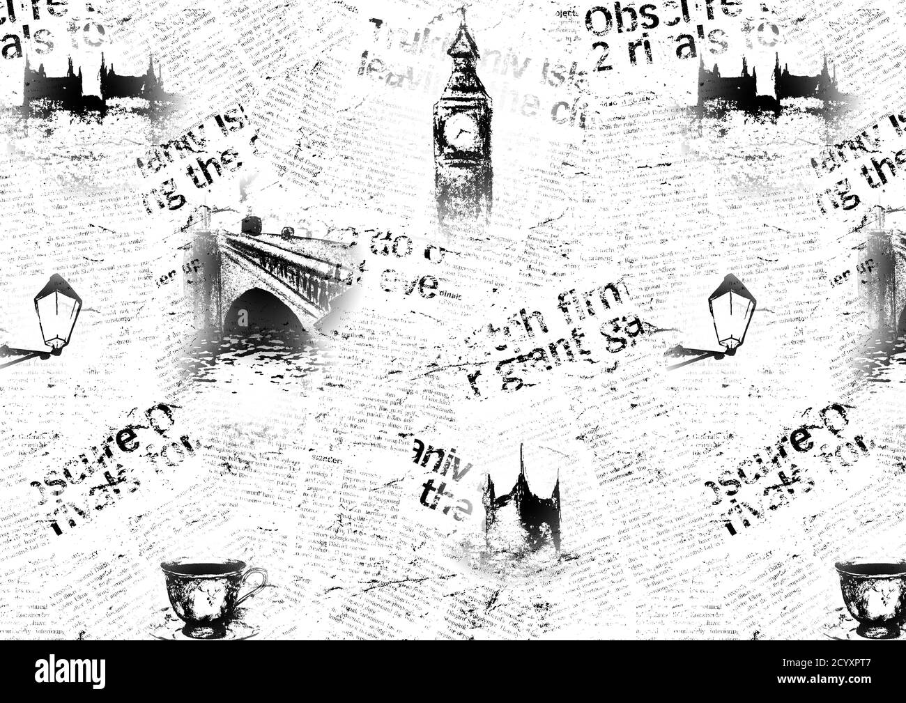 Black and white old paper vintage grunge London horizontal background. Texture with hand drawn elements. Pattern for wrapping, wallpaper, textile, fab Stock Photo