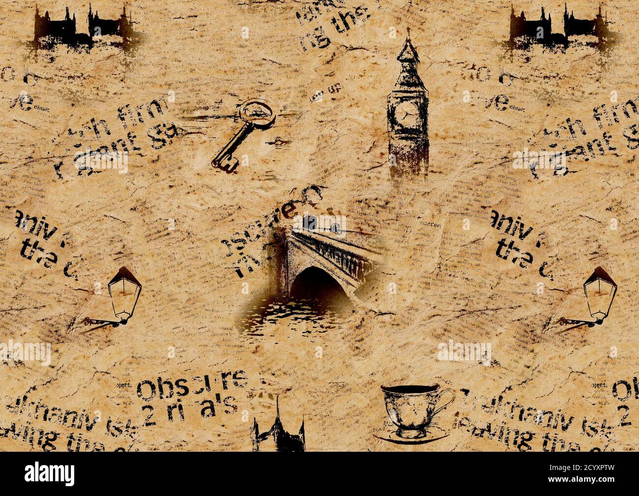 Old Paper Vintage London Grunge Horizontal Background Texture With Hand Drawn Elements Unreadable Text Pattern For Wrapping Wallpaper Textile Fa Stock Photo Alamy