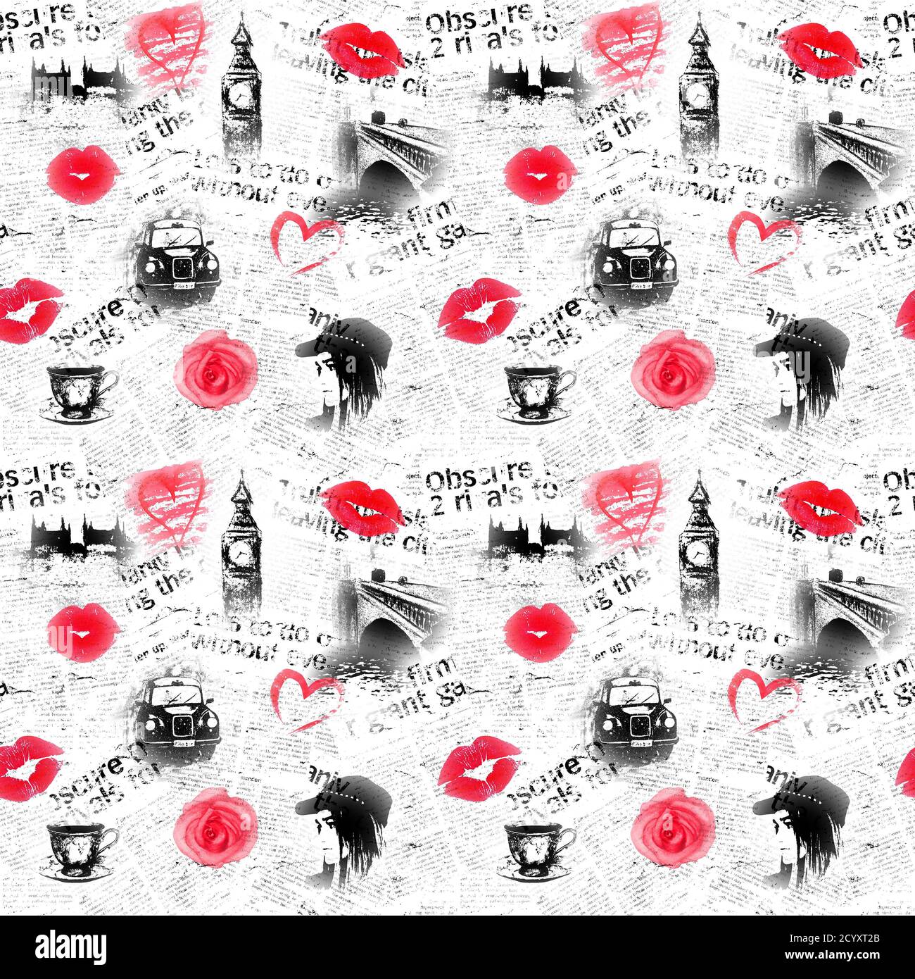 Black white and pink newspaper London grunge background. Seamless pattern with hand drawn symbols of England andl heart, rose, lipstick kiss and fashi Stock Photo