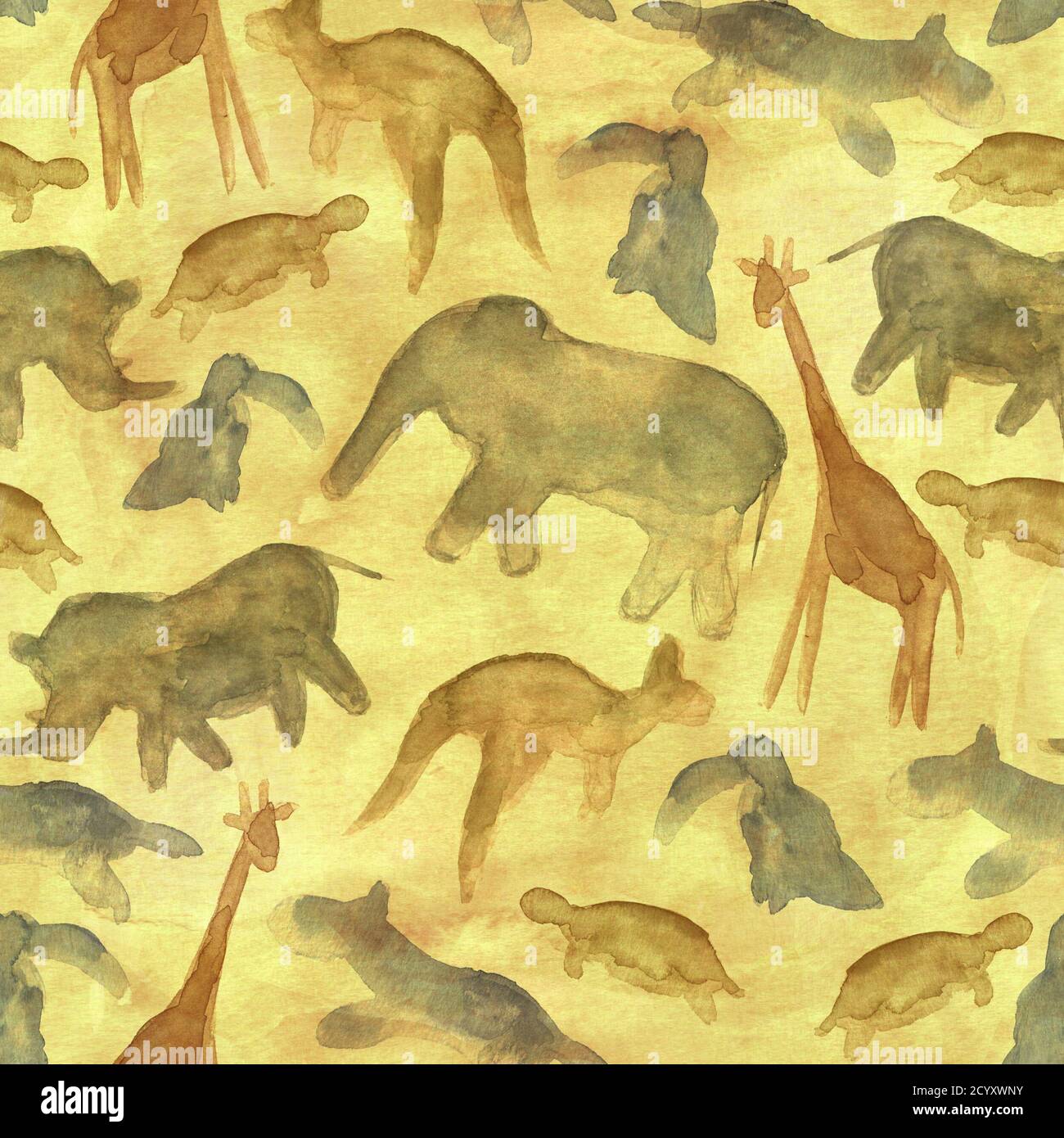 Animals abstract background. Seamless silhouette wildlife pattern. Brown,  green, gray and yellow color. Watercolor hand drawn illustration. Sketch  sty Stock Photo - Alamy