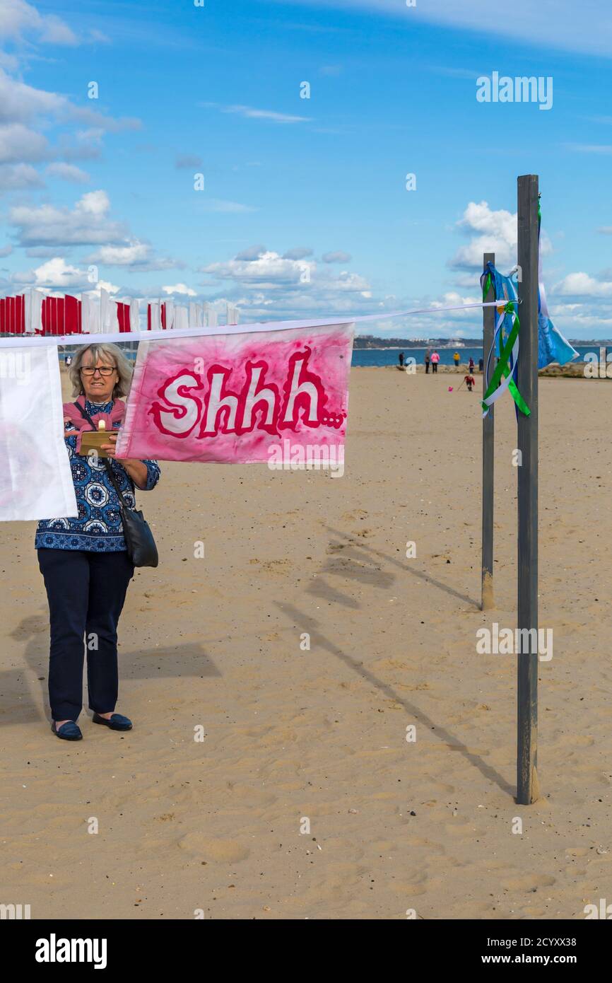 Speak to the Sea and Process art installation at Sandbanks beach, part of the Bournemouth Arts by the Sea Festival, Dorset UK in October - pillowcase Stock Photo