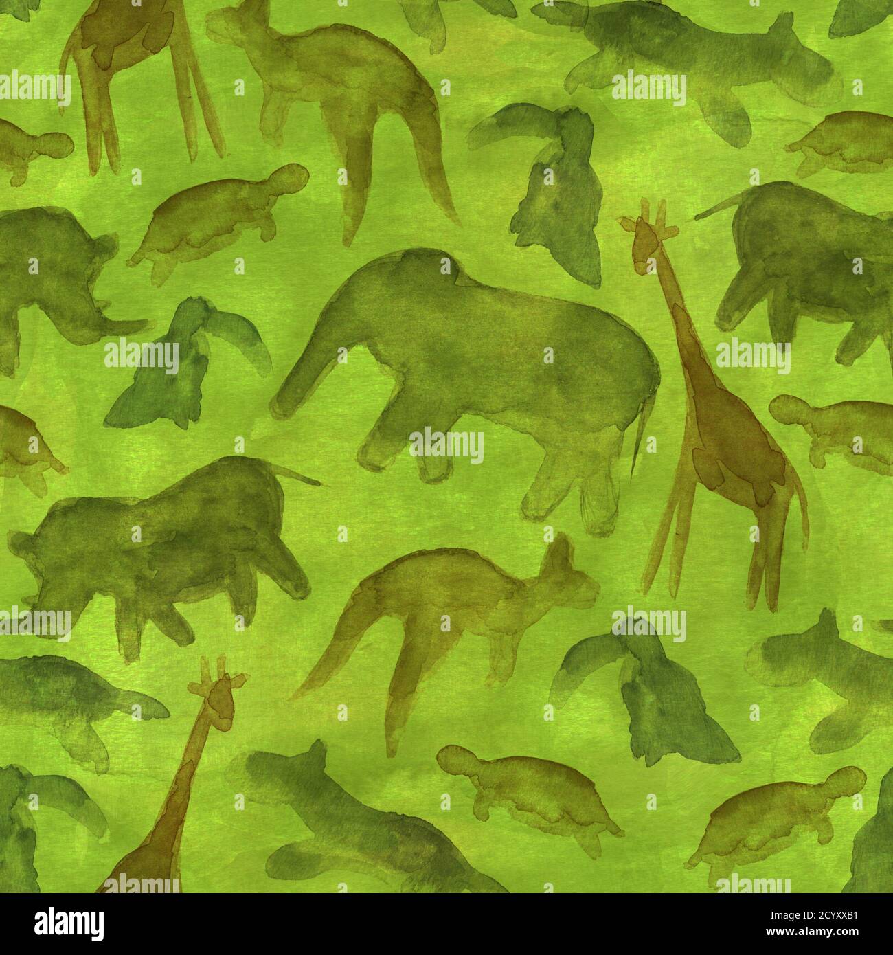 Animals abstract background. Seamless silhouette wildlife pattern. Brown,  green, gray and lemon yellow color. Watercolor hand drawn illustration.  Sket Stock Photo - Alamy