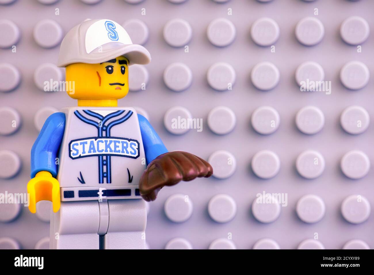 Tambov, Russian Federation - June 04, 2020 Portrait of Lego Baseball  Fielder minifigure against Lego gray baseplate background Stock Photo -  Alamy