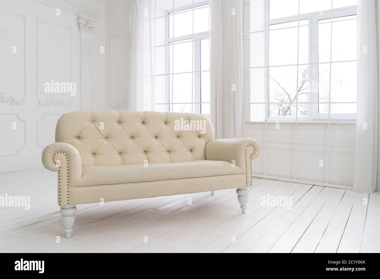 Minimal concept. interior of living white color on white floor and background. High quality photo Stock Photo