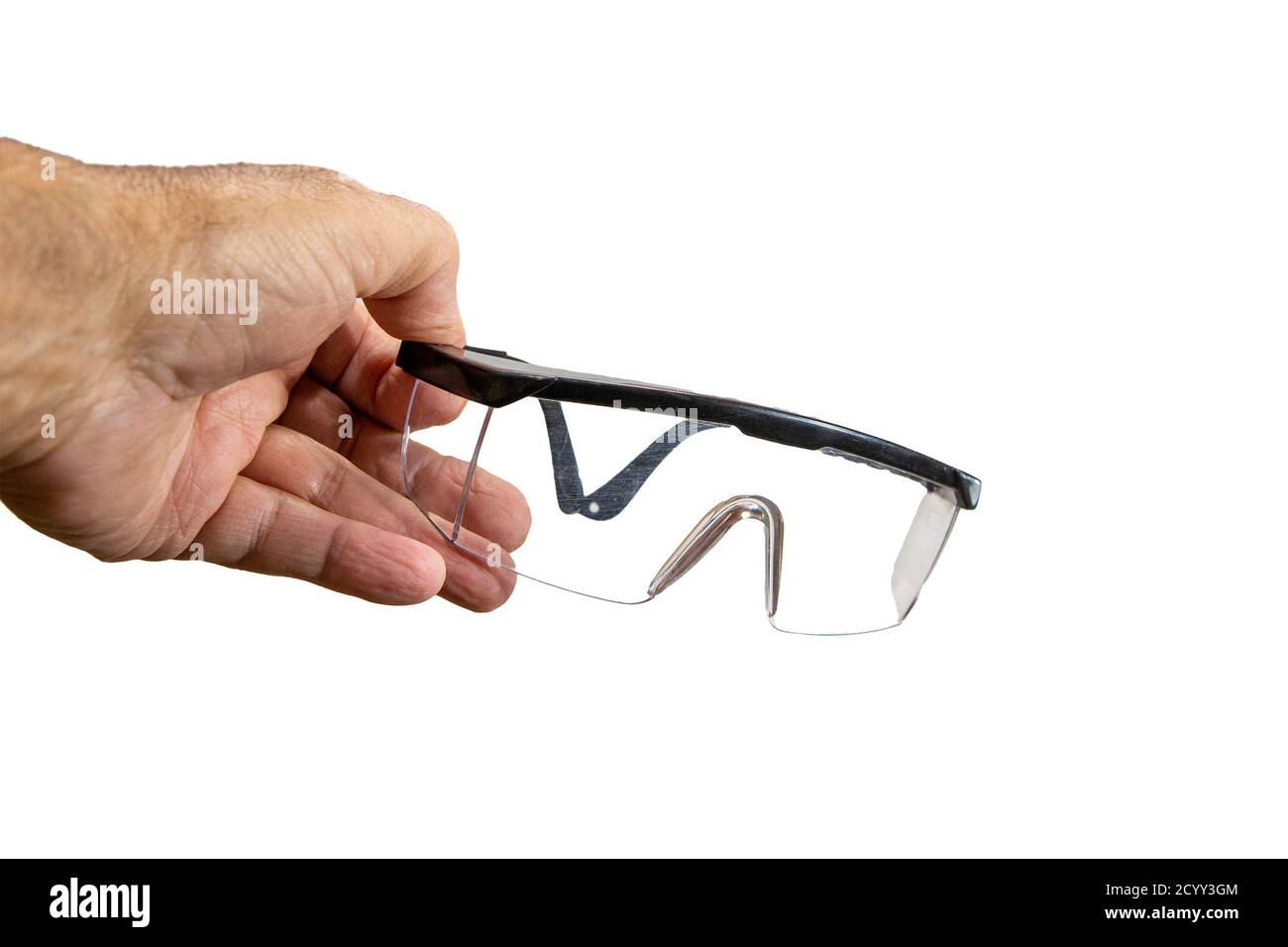 Safety glasses for work in black plastic frames against white