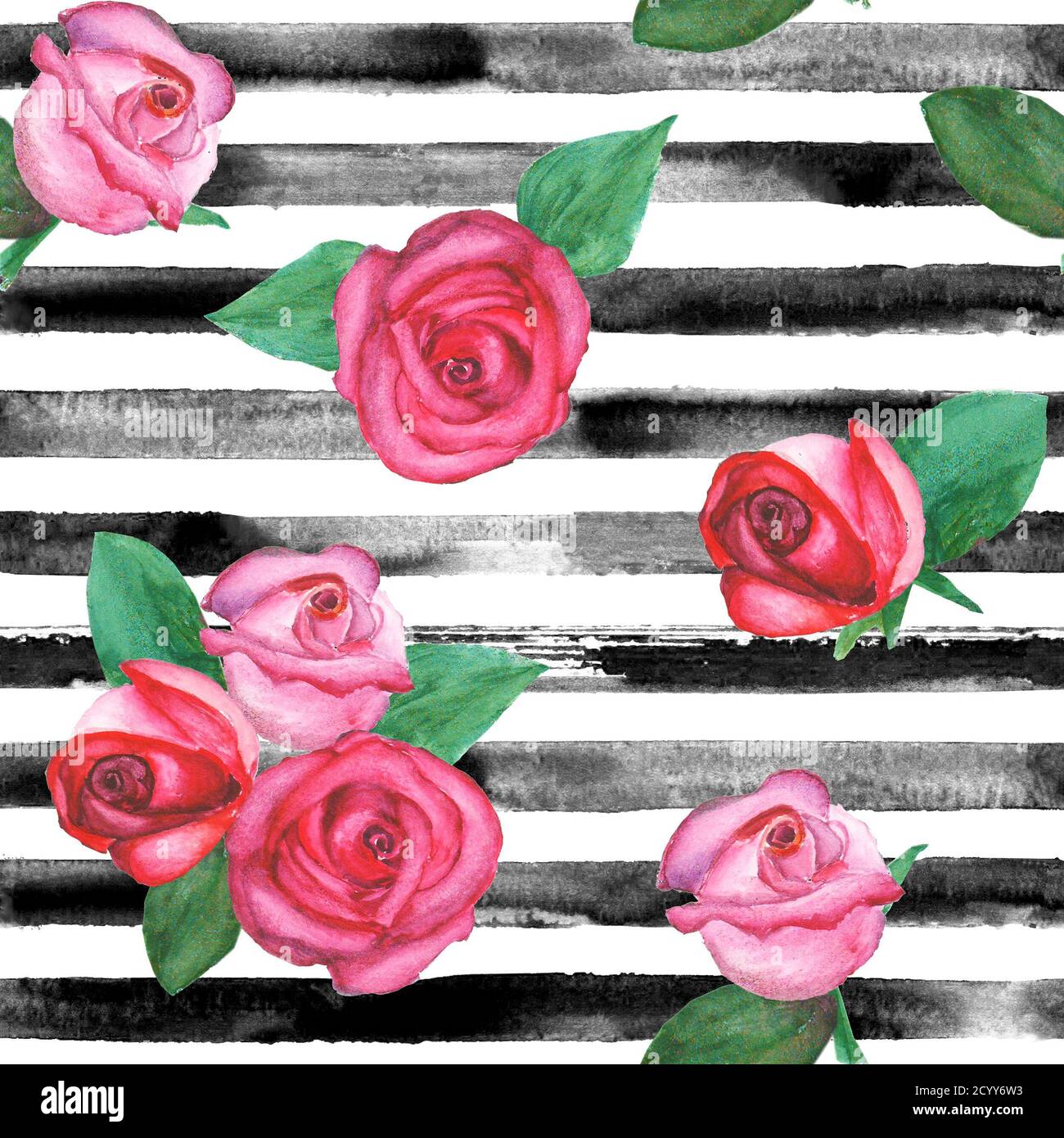 Watercolor hand drawn seamless pattern with black stripes and red and ...