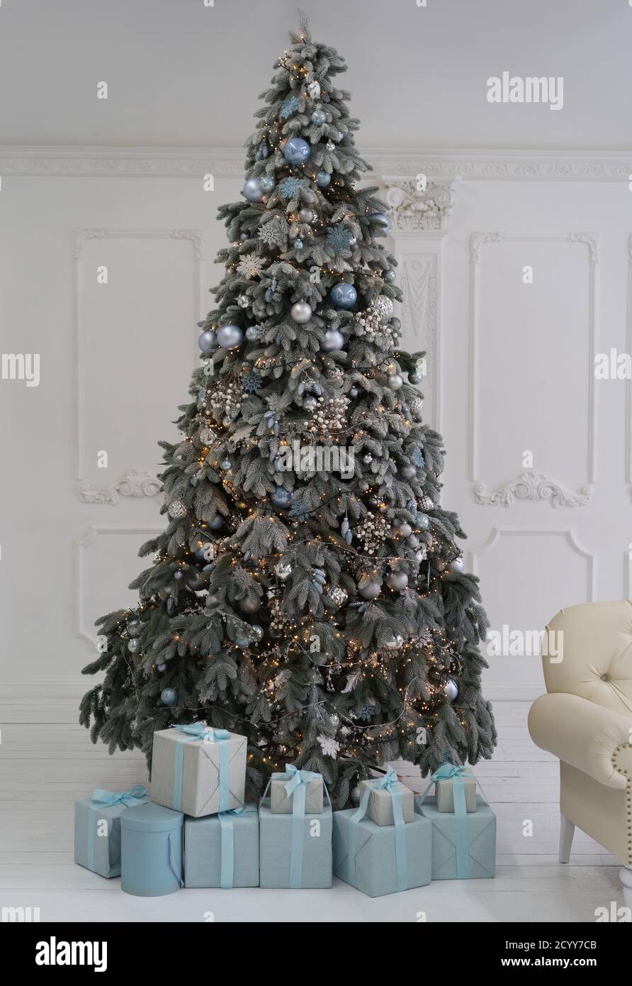 Large Christmas tree against a white wall. Gifts in boxes lie under the tree, decorated with ribbon. On the Christmas tree balls and garlands. High Stock Photo