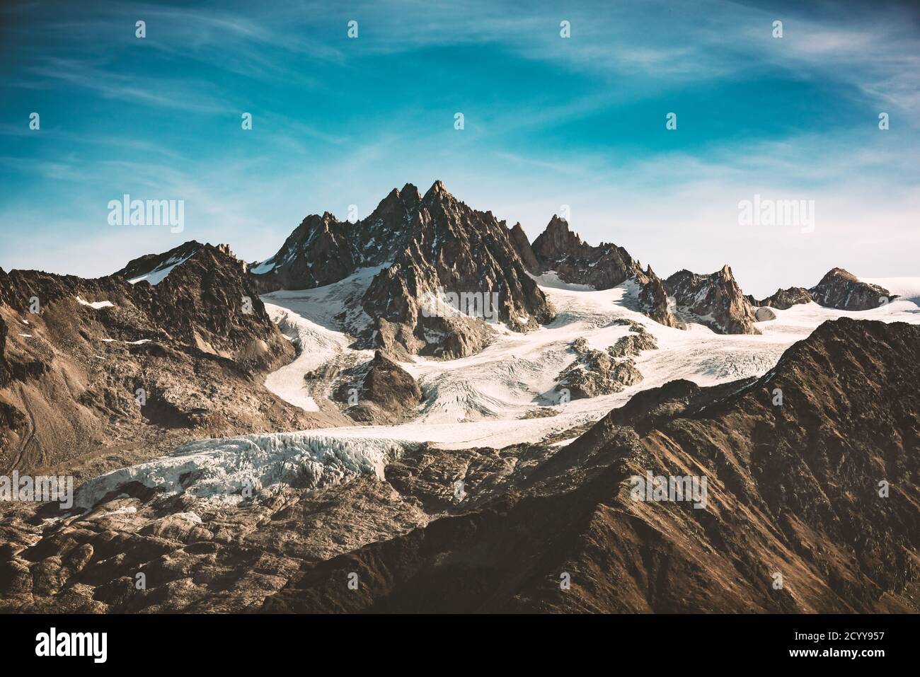 Incredible view of mountain peak in French Alps. Monte Bianco range, Mont Blank massif, France. Landscape photography Stock Photo