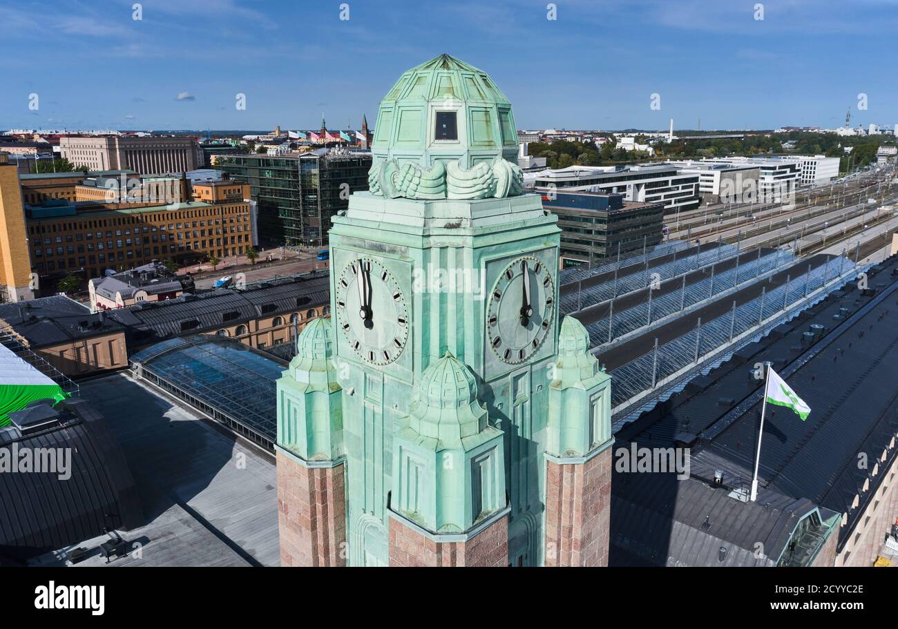 Helsinki, Finland September 20, 2020 Aerial view of the clock tower