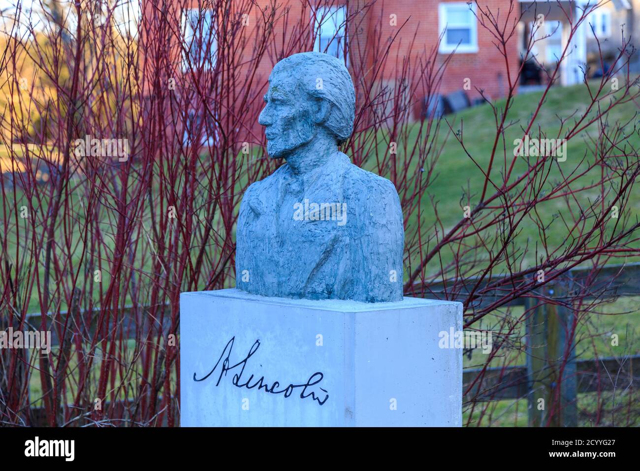 Hanover Junction, PA, USA - February 28. 2016: A bust of President Lincoln commemorates his arrival at Hanover Junction en route to Gettysburg in 1863 Stock Photo