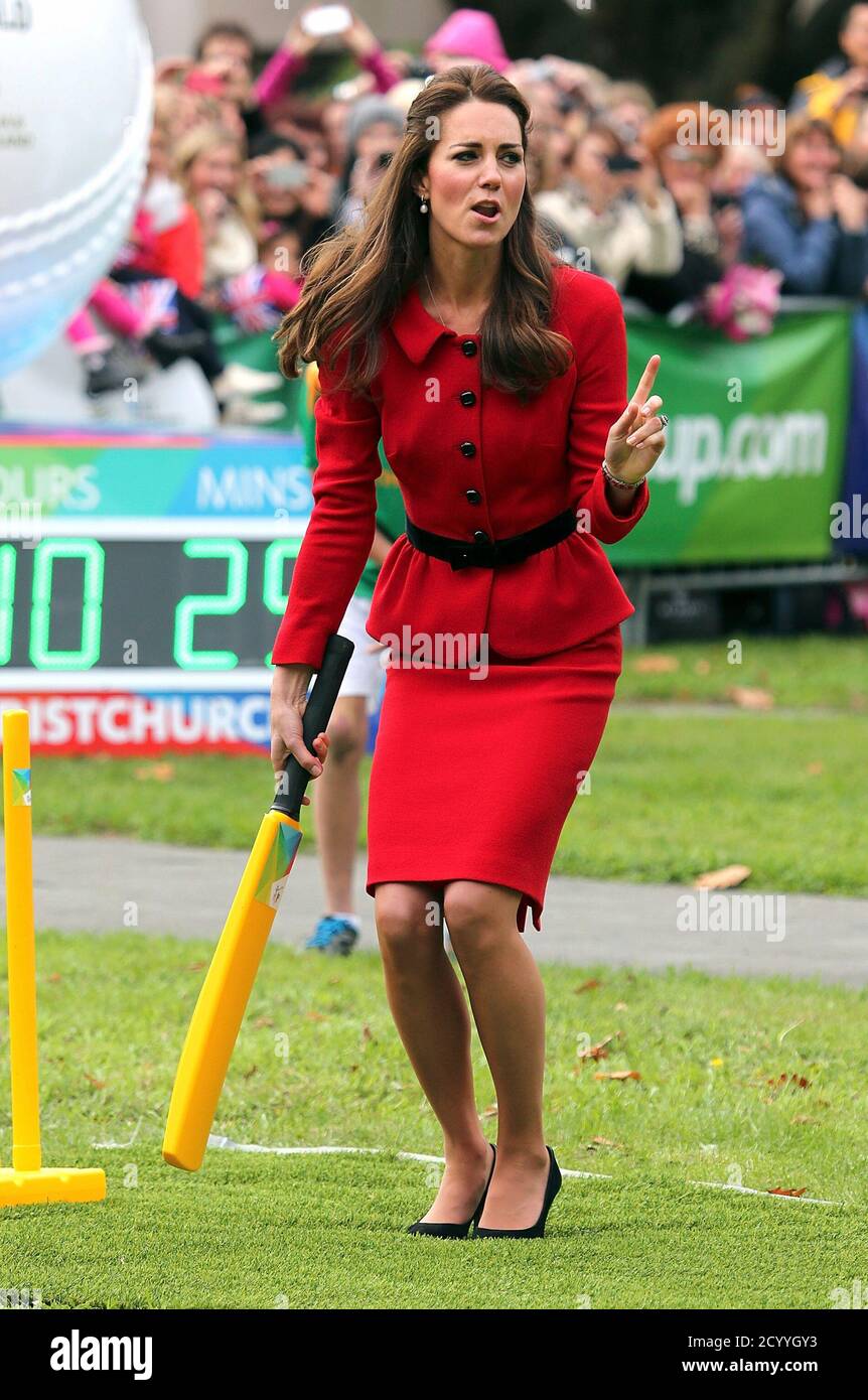Catherine, the Duchess of Cambridge, reacts as she holds a cricket bat during a promotional event she attended with her husband, Britain's Prince William, for the upcoming Cricket World Cup in Christchurch Catherine, the Duchess of Cambridge, reacts as she holds a cricket bat during a promotional event she attended with her husband, Britain's Prince William, for the upcoming Cricket World Cup in Christchurch