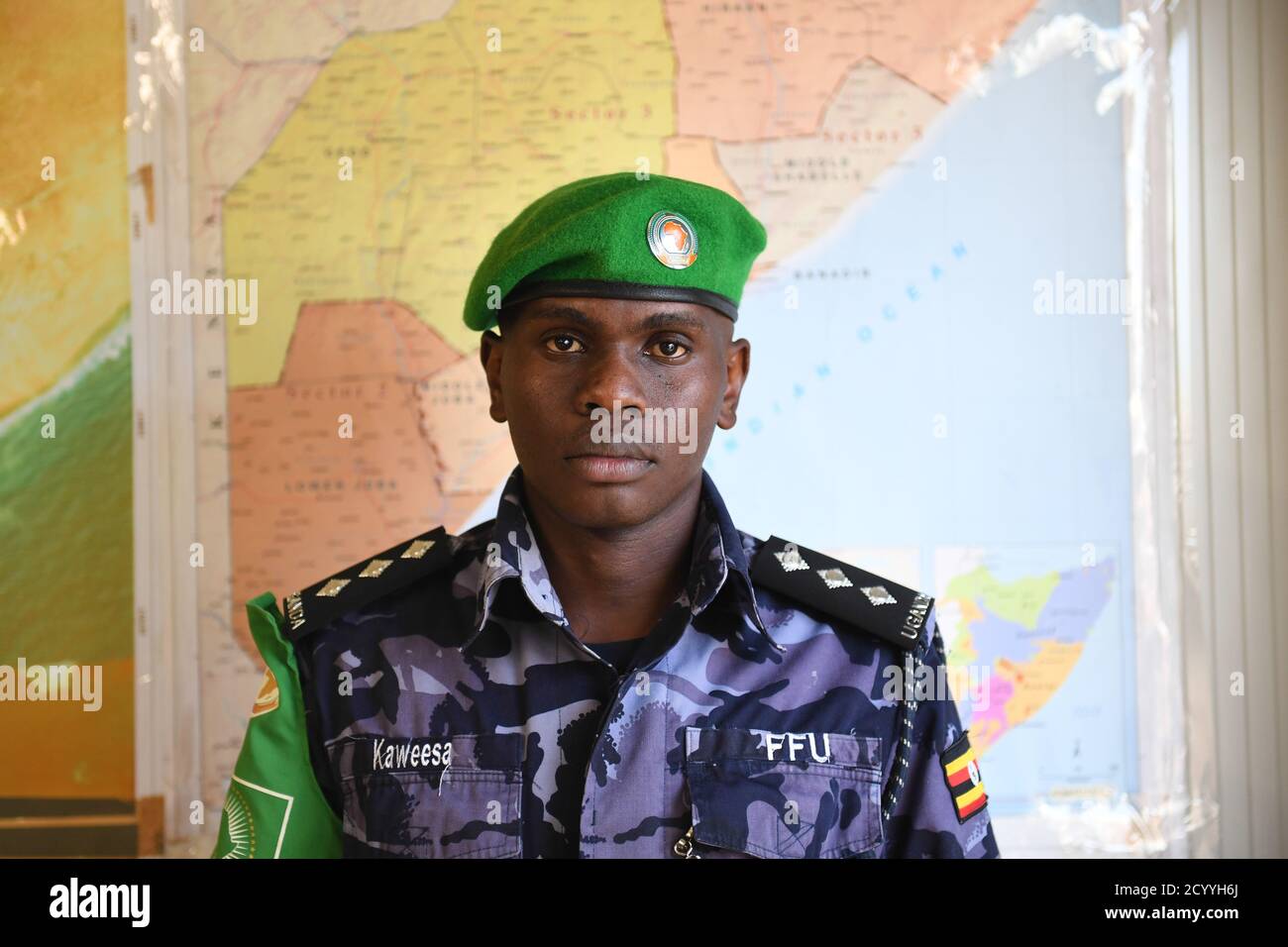 Assistant Superintendent of Police (ASP) John Baptist Kaweesa, the Public Information Officer of the AMISOM Uganda Formed Police Unit 7 (FPU-7) contingent Stock Photo