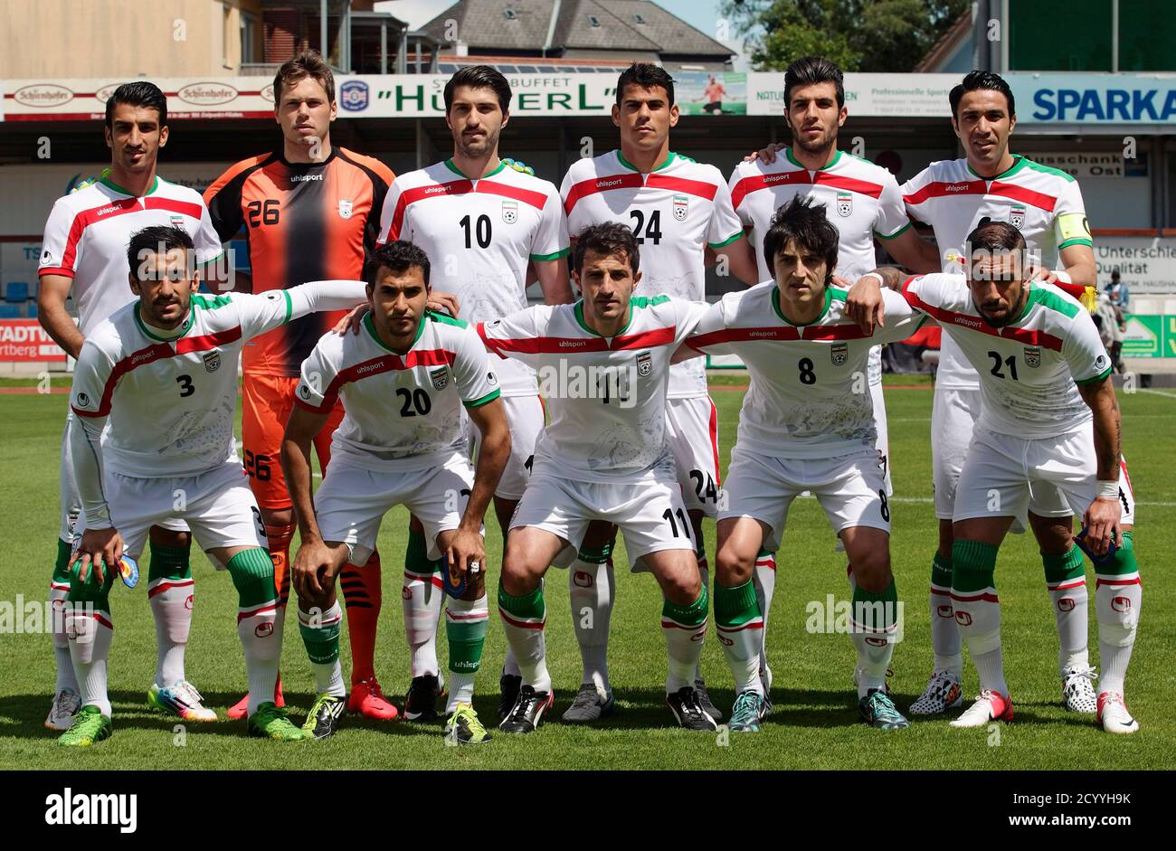 Iran's national soccer team players pose before their international  friendly soccer match against Angola in Hartberg May 30, 2014. The players  are (front row L-R) Ehsan Hajsafi, Steven Beitashour, Ghasem Haddadifar,  Sardar