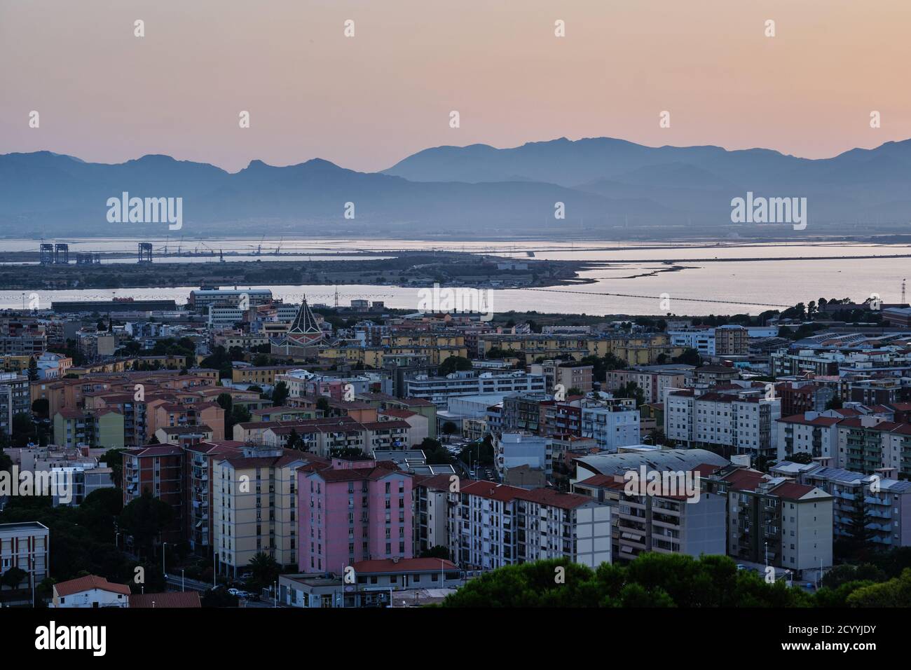 Sunset on Cagliari city, view from San Michele Castle, Sardinia, Italy Stock Photo