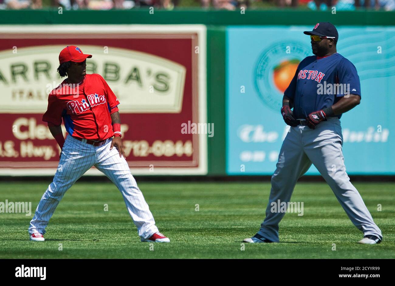 Boston Red Sox Designated Hitter David Ortiz R Talks With Philadelphia Phillies Second Baseman Michael Martinez Before The Start Of A Mlb Spring Training Game At Bright House Field In Clearwater Florida