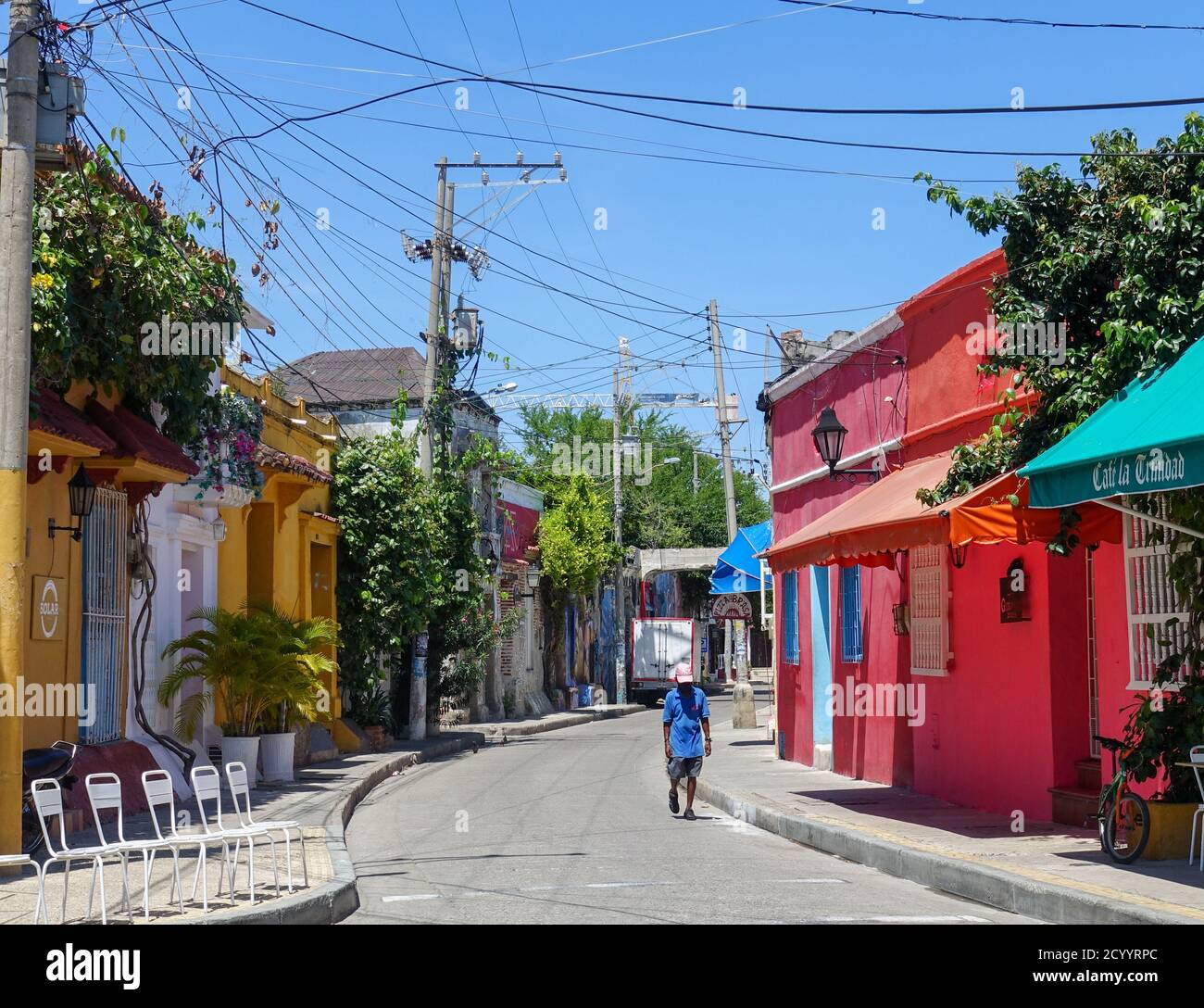 Colorful streets of Getsemani Part of Cartagena de los indias Bolivar in Colombia during Corona Lockdown 2020 Stock Photo