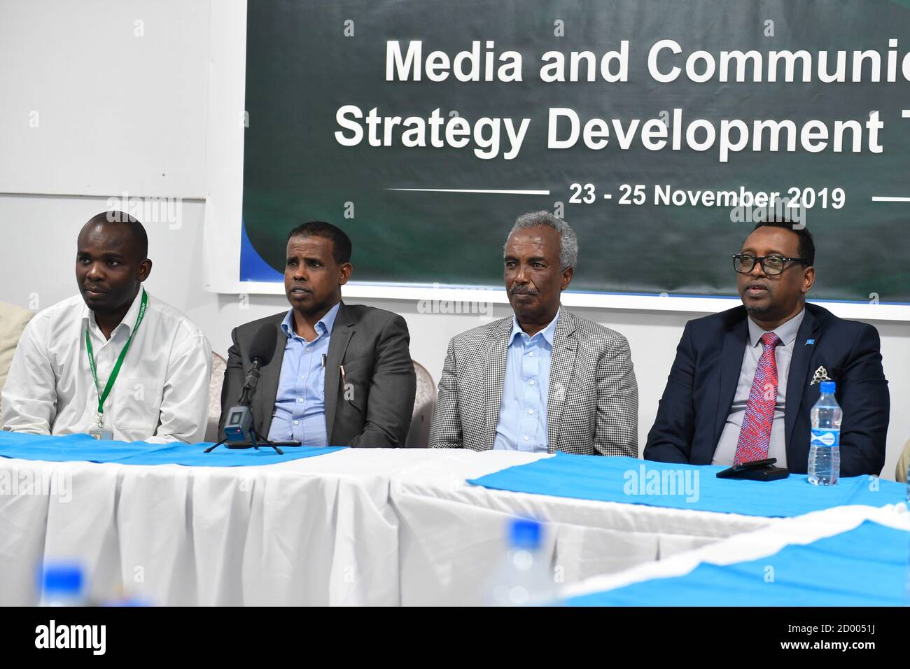 Senior officials of Somalia's Federal Ministry of Foreign Affairs and International Cooperation and Gaffel Nkolokosa (left), AMISOM Public Information Officer at a training on Media and Communication Strategy Development in Mogadishu on November 25 2019. The training was organized with the support of the African Union Mission in Somalia (AMISOM). Stock Photo