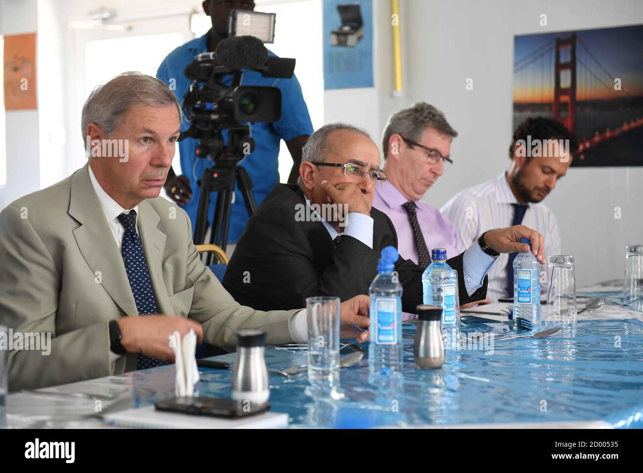 Jean-Marié Guéhenno (left), the UN envoy on funding consultations for the African Union Mission in Somalia (AMISOM) and his African Union counterpart Ramtane Lamamra (second from left) meet high-ranking officials of the United Nations Mission in Somalia and the African Union Mission in Somalia (AMISOM) in Mogadishu, Somalia on 01 April 2018. Stock Photo