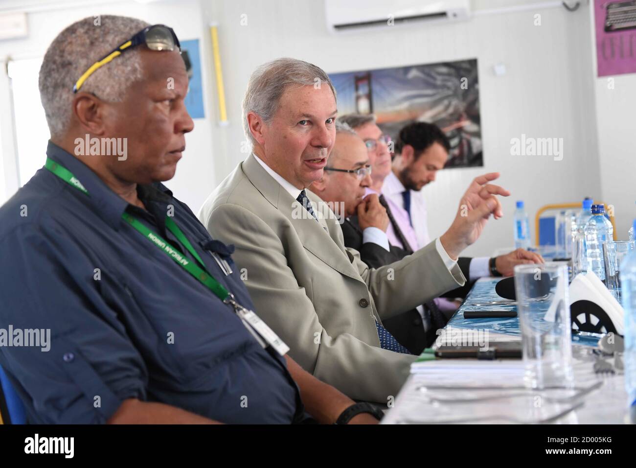 Jean-Marié Guéhenno (second from left), the UN envoy on funding consultations for the African Union Mission in Somalia (AMISOM) speaks during a meeting with high-ranking officials of the United Nations Mission in Somalia and the African Union Mission in Somalia (AMISOM) in Mogadishu, Somalia on 01 April 2018. Stock Photo