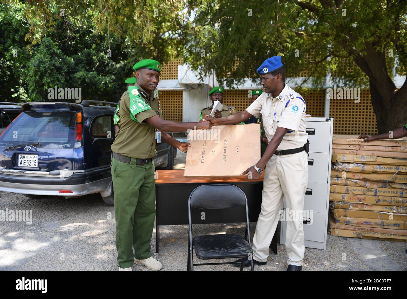 AMISOM Police officials hand over office equipment to SPF in Mogadishu, Somalia on 14 December 2019. Stock Photo