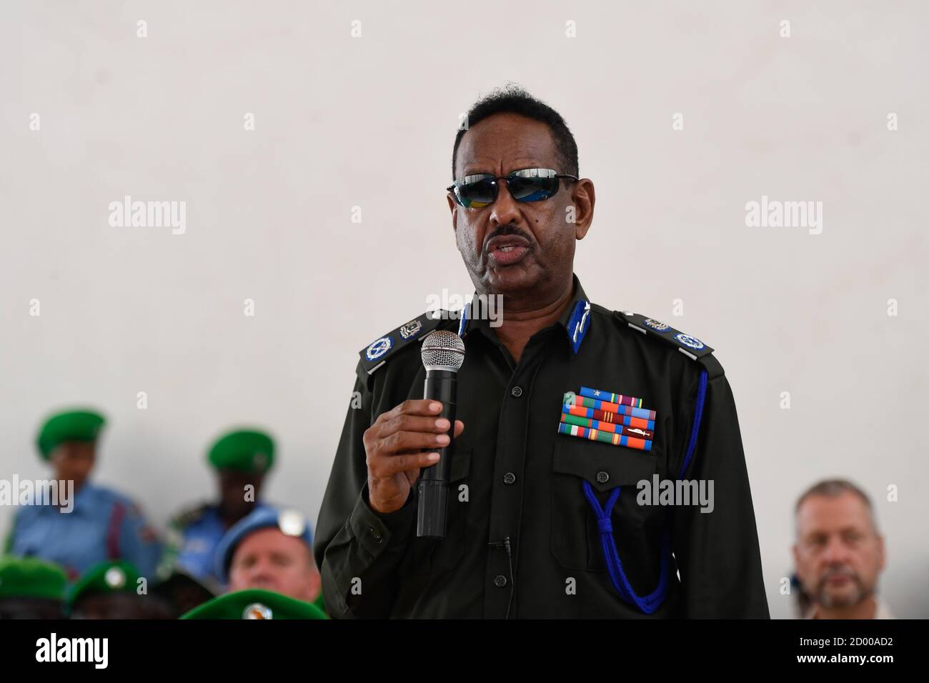 The Somali Police Commissioner, Maj. Gen. Abdi Hassan Mohamed, speaks during the opening ceremony of a paramilitary training held at the General Kahiye Police academy, Mogadishu, Somalia on 6 January 2020. Stock Photo