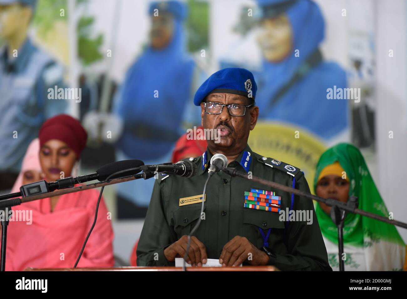 Somalia Police Commissioner Maj. Gen. Abdi Hassan Mohamed speaks during a pass-out ceremony for Darwish forces at General Kahiye Police Academy in Mogadishu, Somalia on 13 February 2020. Stock Photo