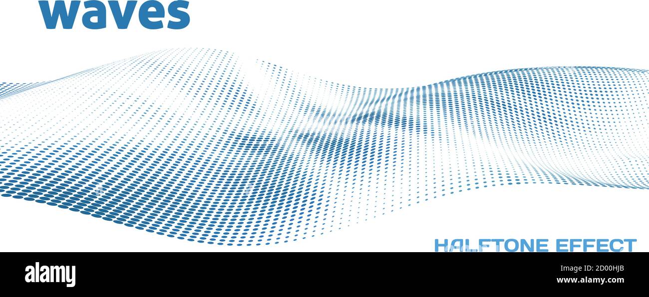 Wavy surface. Abstract blue dotted waves with halftone effect on white ...