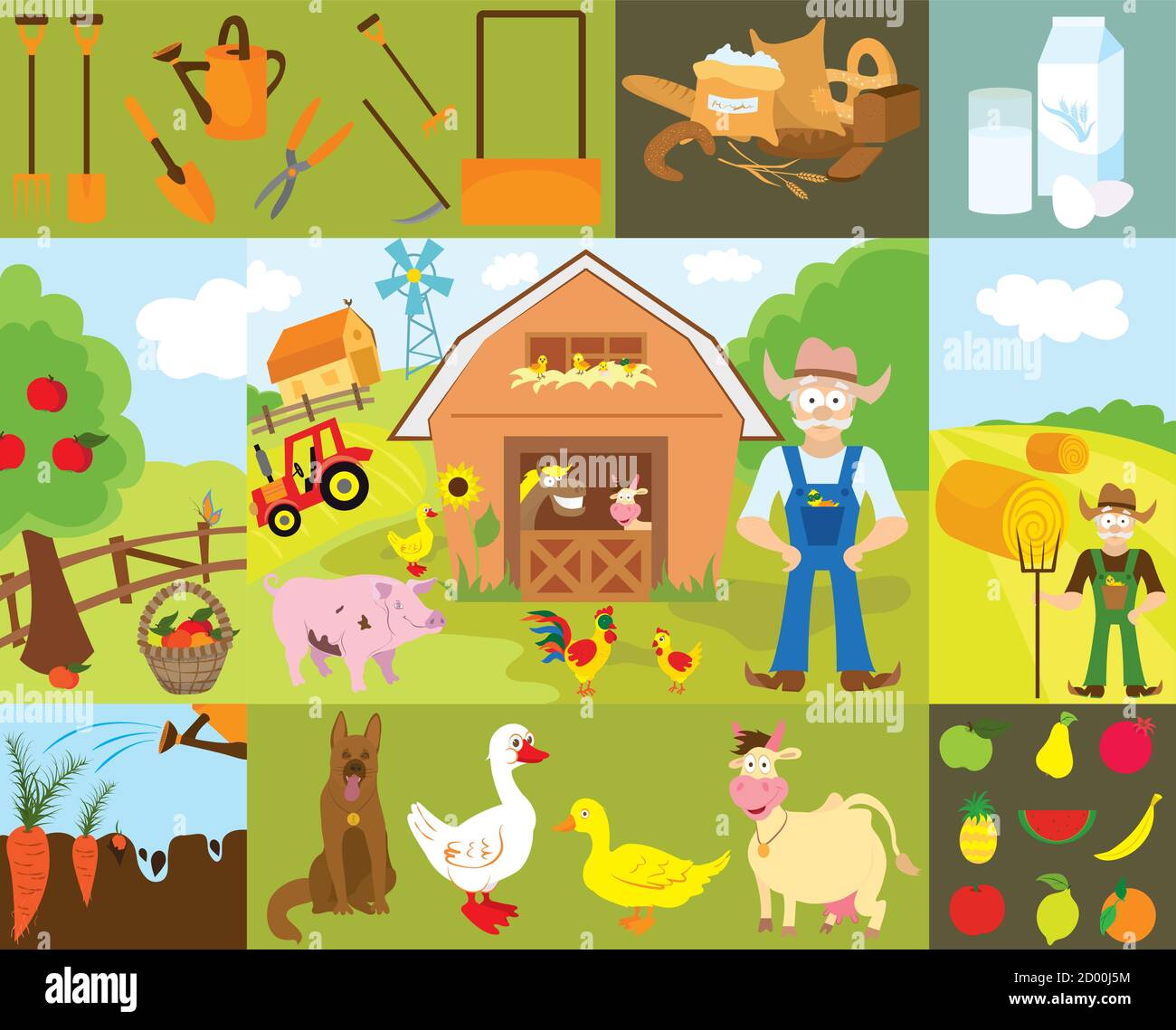 Big set of cartoon characters and elements of the farm. Buildings, people, livestock, animals, cars, trees, vegetables, fruits, inventory. Isolated Stock Vector