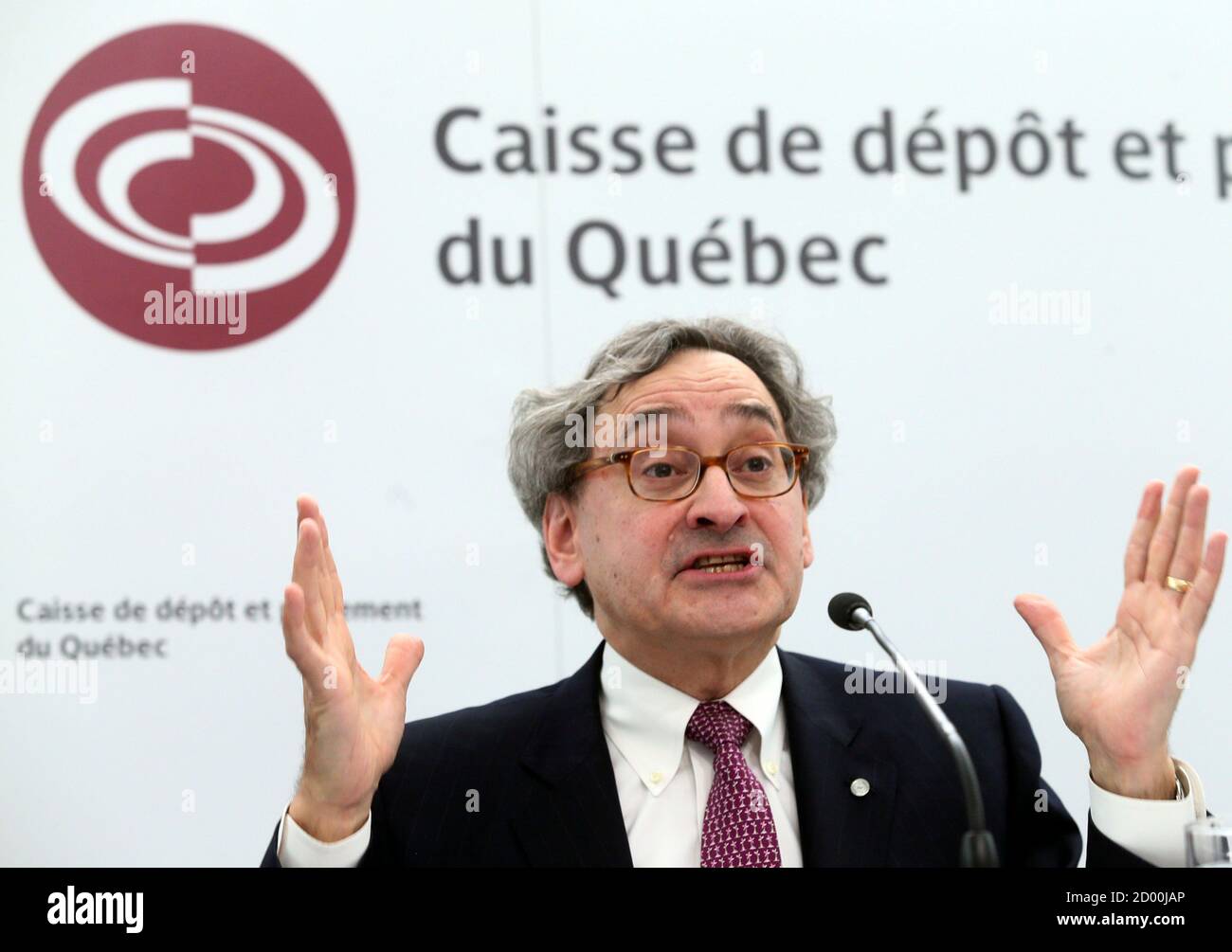 Michael Sabia, president and chief executive officer of Caisse de depot et placement du Quebec (CDP) gestures during a news conference following the release of their financial results in Montreal, February 27, 2013. REUTERS/Christinne Muschi (CANADA - Tags: BUSINESS) Stock Photo