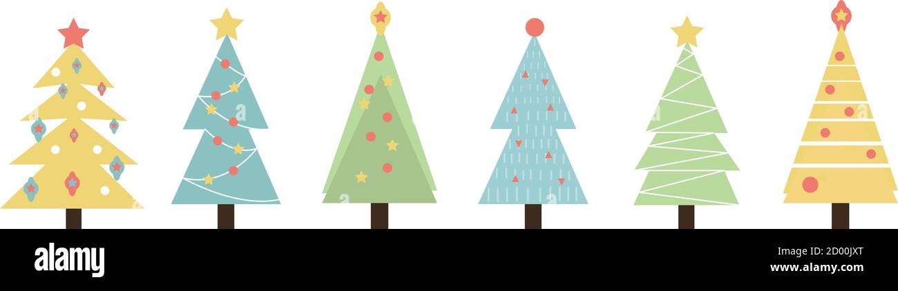 Christmas trees set of objects. Cute new year decorations collection. Isolated on white background. Vector illustration Stock Vector